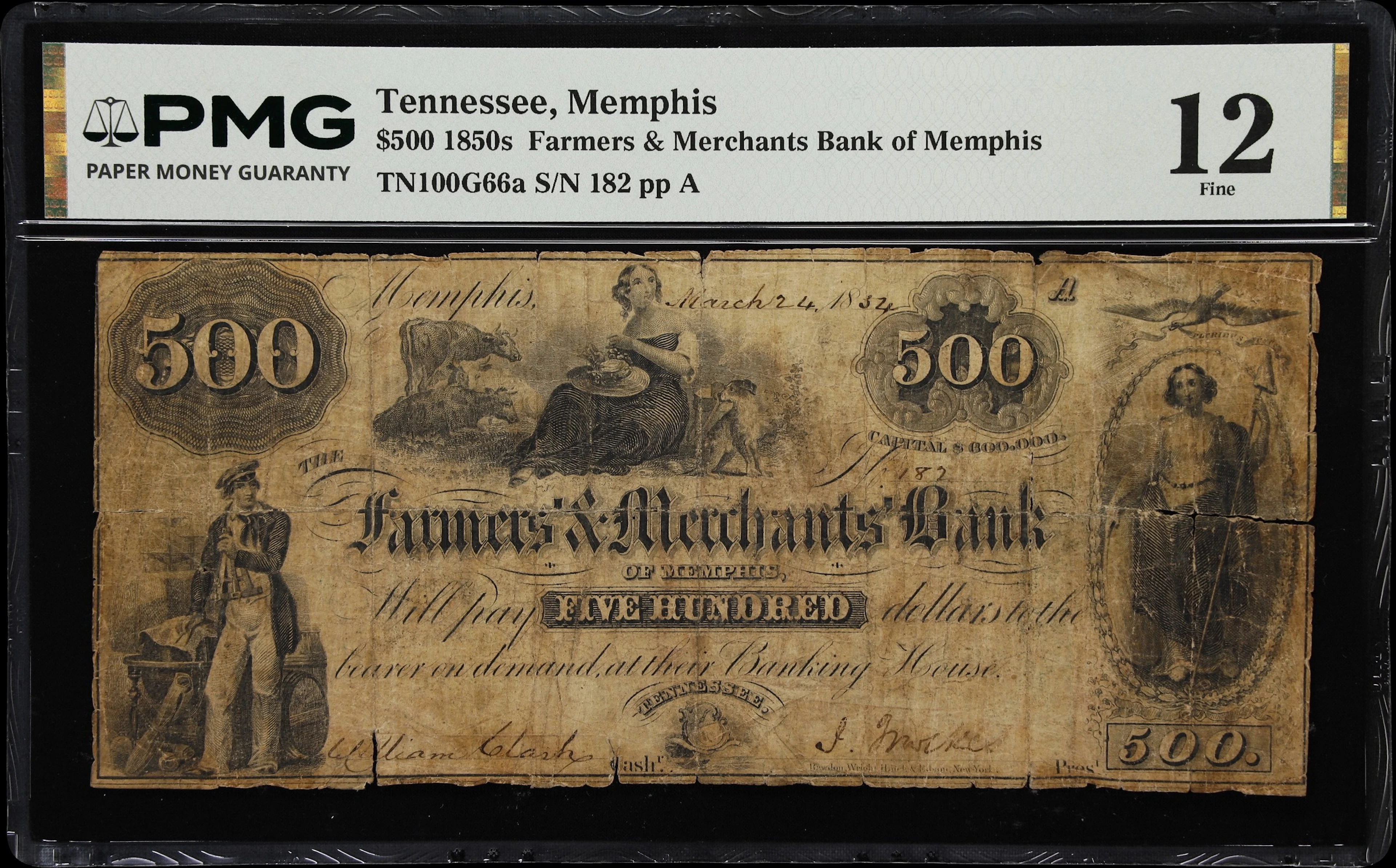 Memphis, Tennessee. Farmers & Merchants Bank of Memphis. 1854 $500.