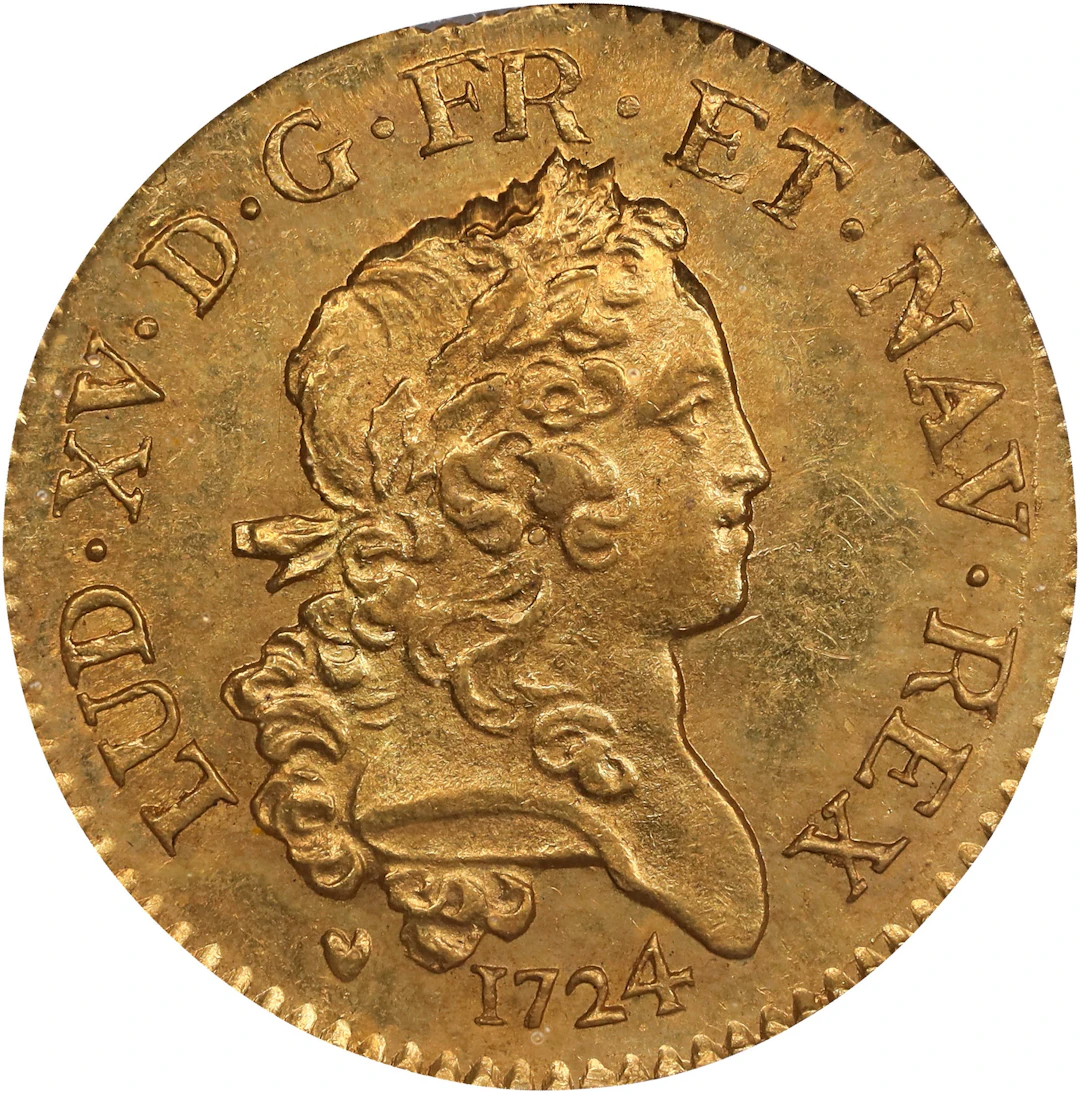 FRANCE. 1724-G Louis d'or Mirliton, grandes palmes. Poitiers Mint.