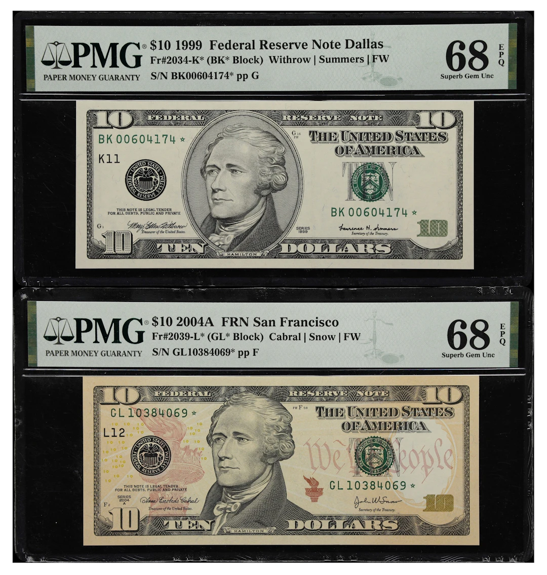 Lot of (2) Fr. 2034-K* & 2039-L*. 1999-2004A $10 Federal Reserve Star