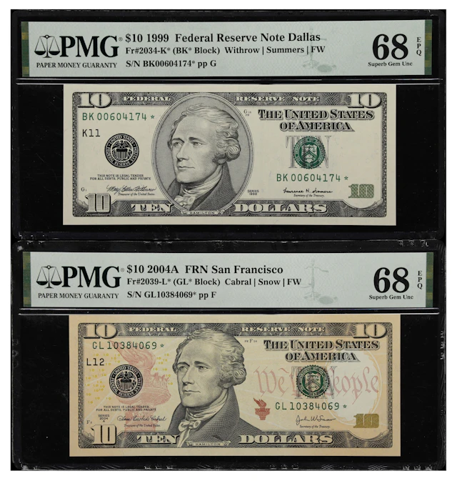 Lot of (2) Fr. 2034-K* & 2039-L*. 1999-2004A $10 Federal Reserve Star