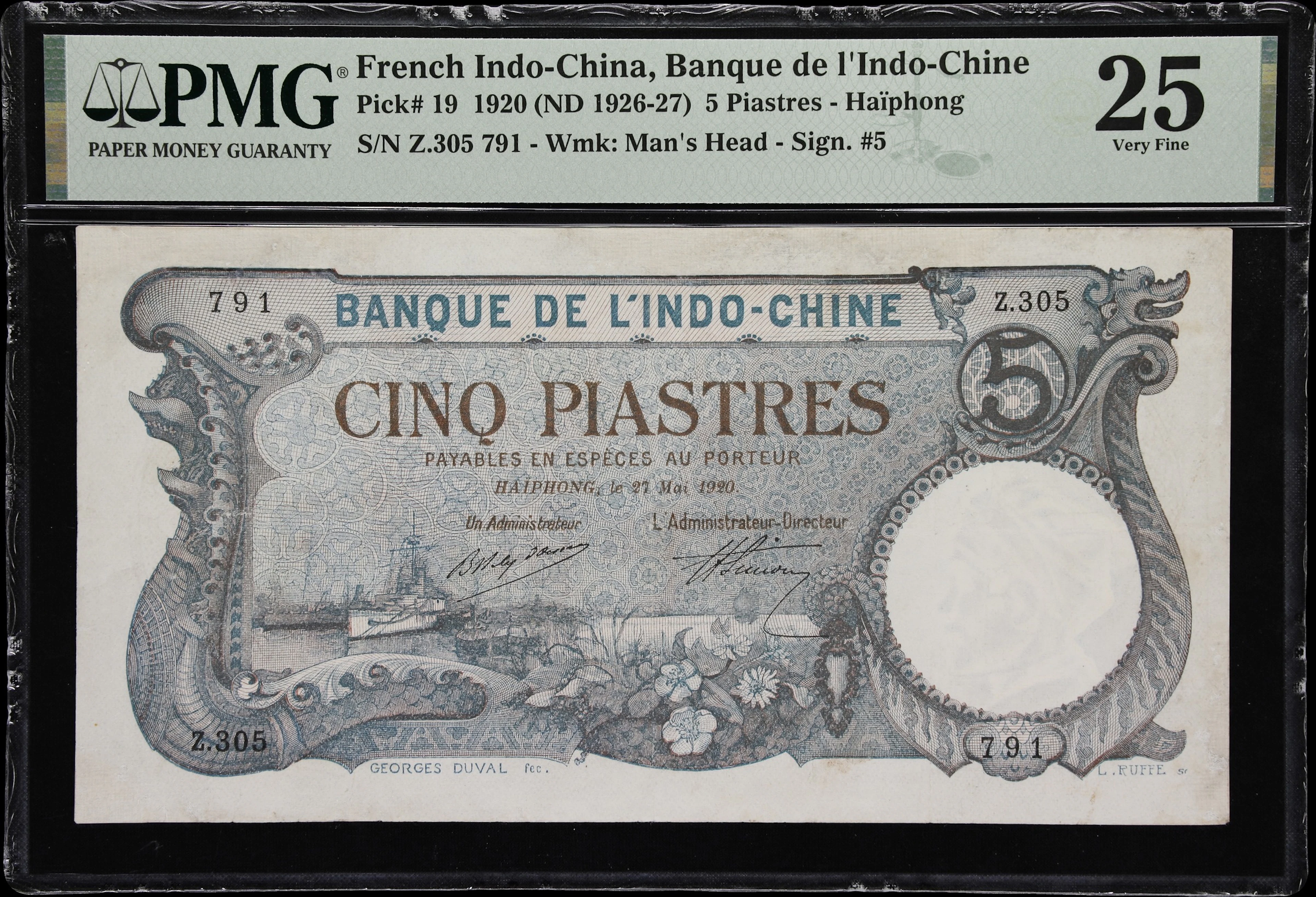 FRENCH INDO-CHINA. Banque de l'Indochine. 5 Piastres, 27.5.1920. P-19.