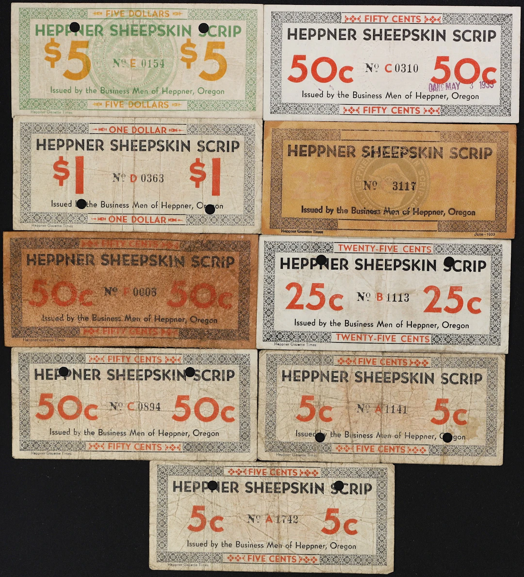 Lot of (9) Heppner, Oregon. Heppner Sheepskin Scrip. 1930s 5 Cents