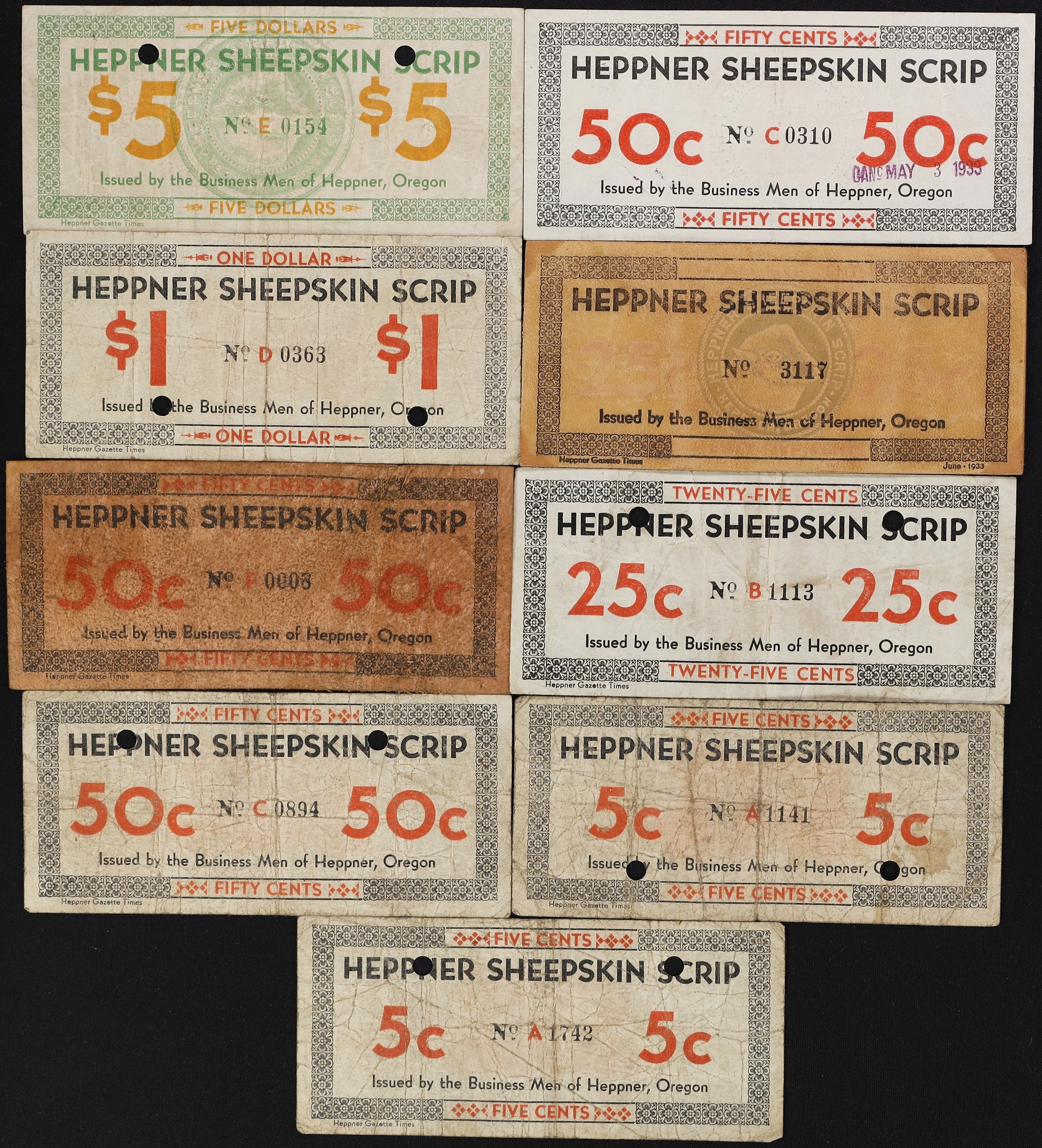 Lot of (9) Heppner, Oregon. Heppner Sheepskin Scrip. 1930s 5 Cents