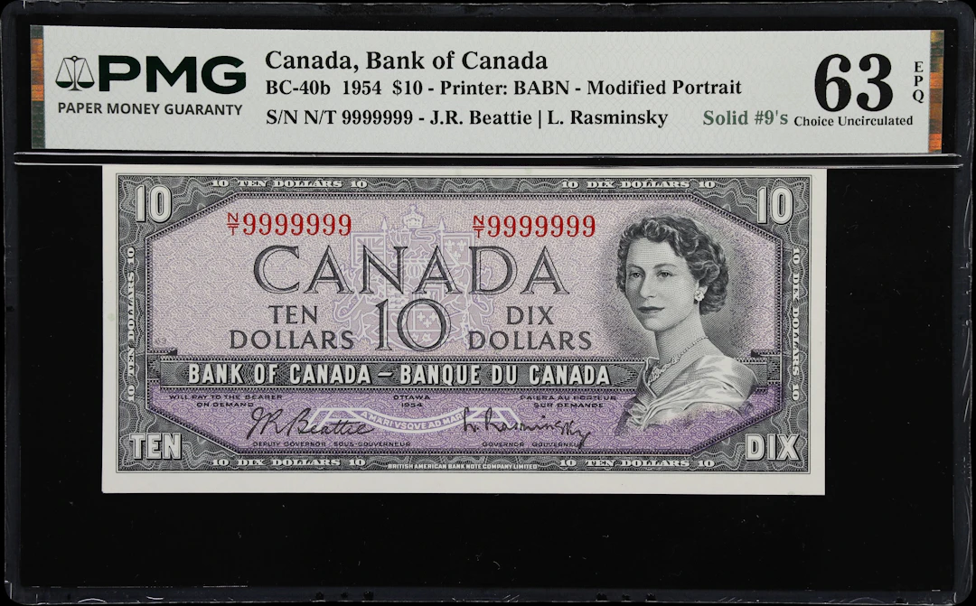 CANADA--FANCY SERIAL NUMBERS. Bank of Canada. 10 Dollars, 1954. BC-40b.