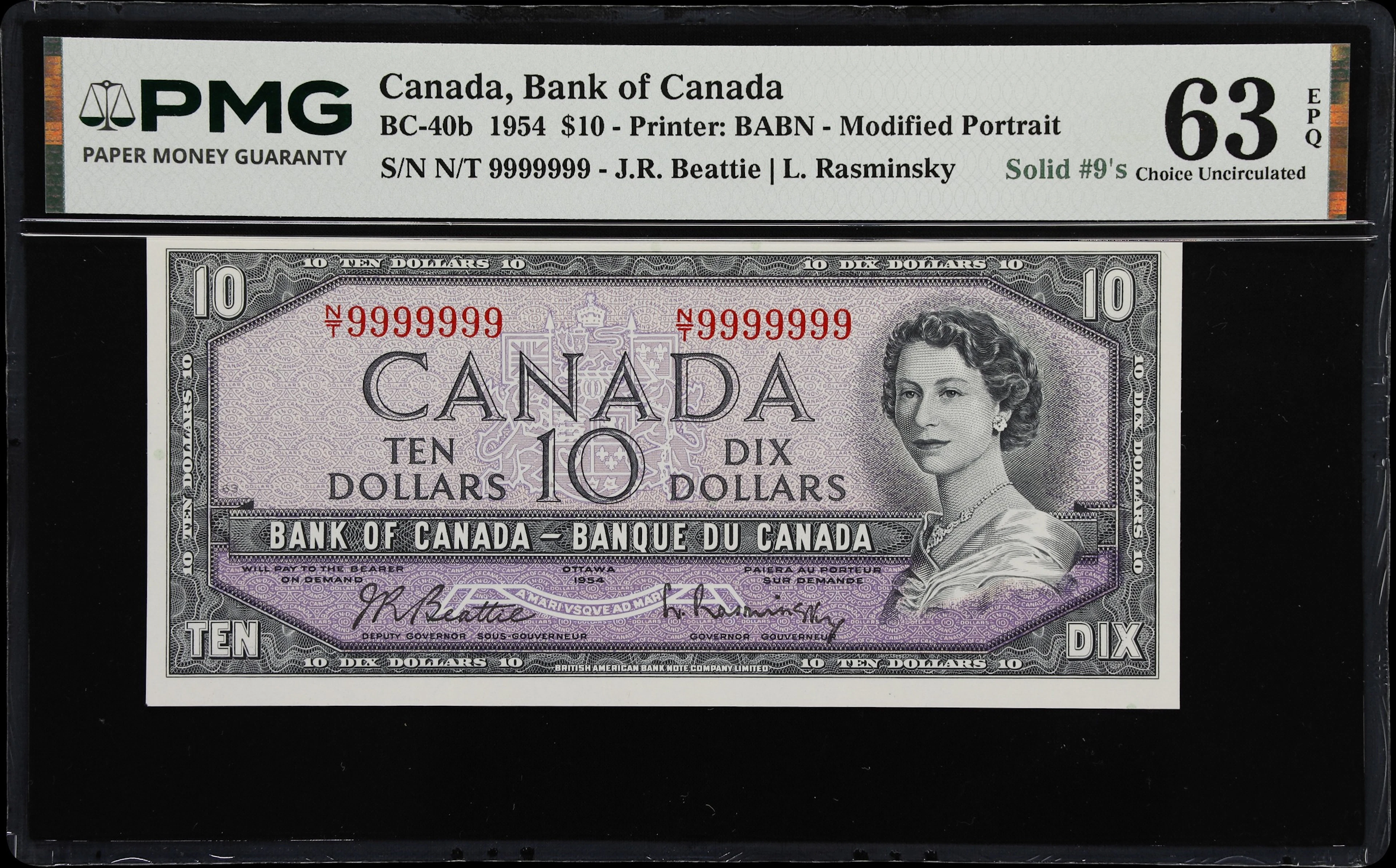 CANADA--FANCY SERIAL NUMBERS. Bank of Canada. 10 Dollars, 1954. BC-40b.