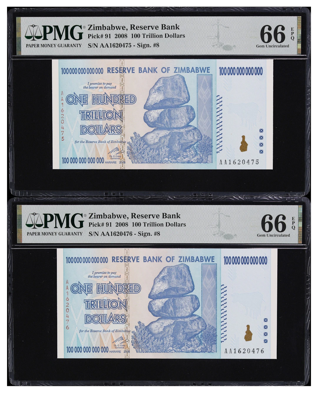 ZIMBABWE. Lot of (2). Reserve Bank of Zimbabwe. 100 Trillion Dollars