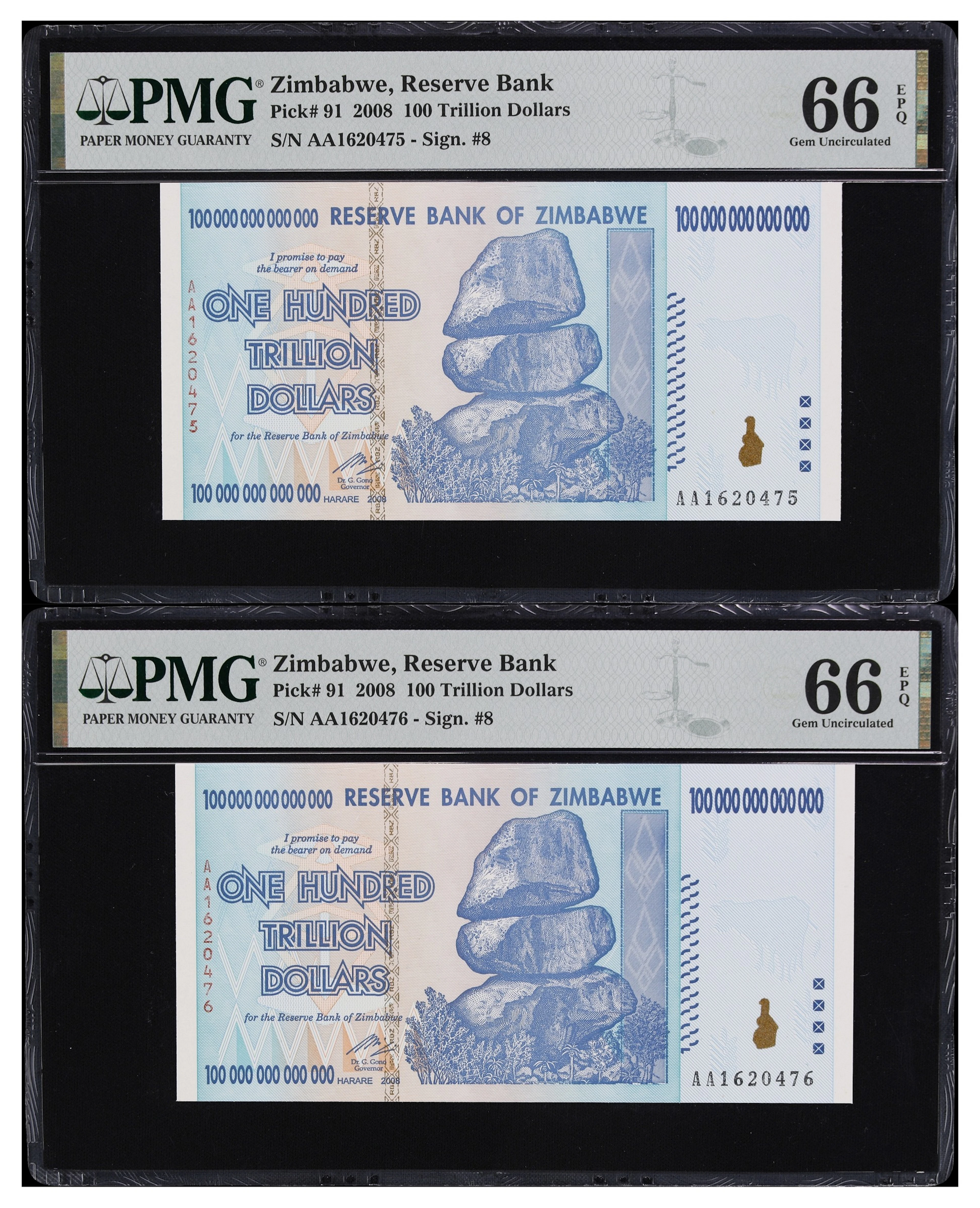 ZIMBABWE. Lot of (2). Reserve Bank of Zimbabwe. 100 Trillion Dollars