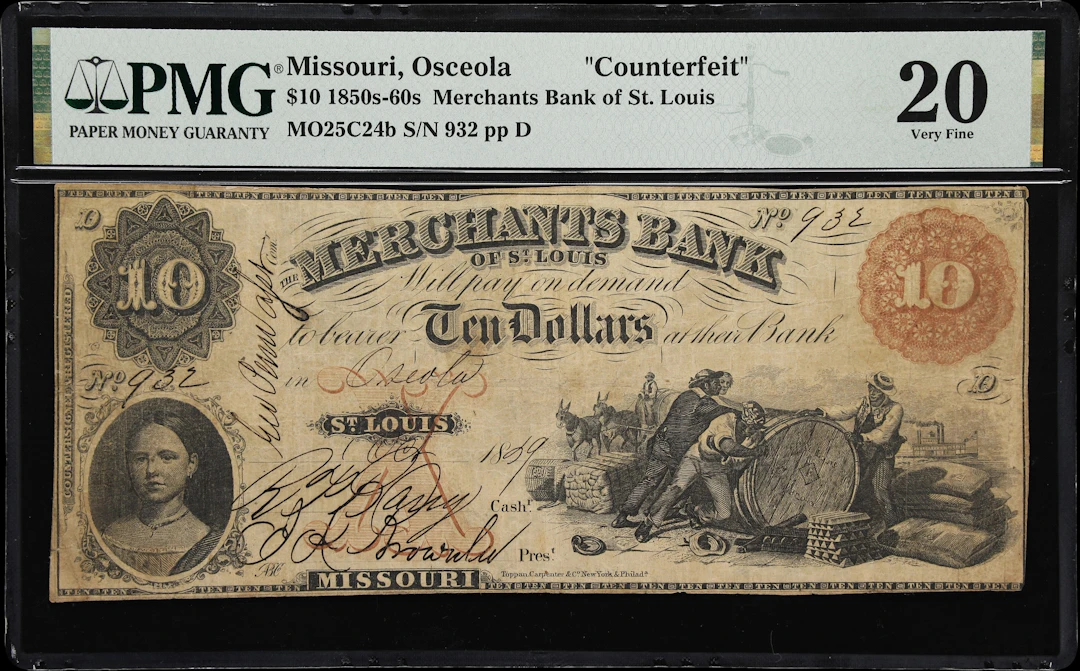 Osceola, Missouri. Merchants Bank of St. Louis. 1859 $10. PMG Very