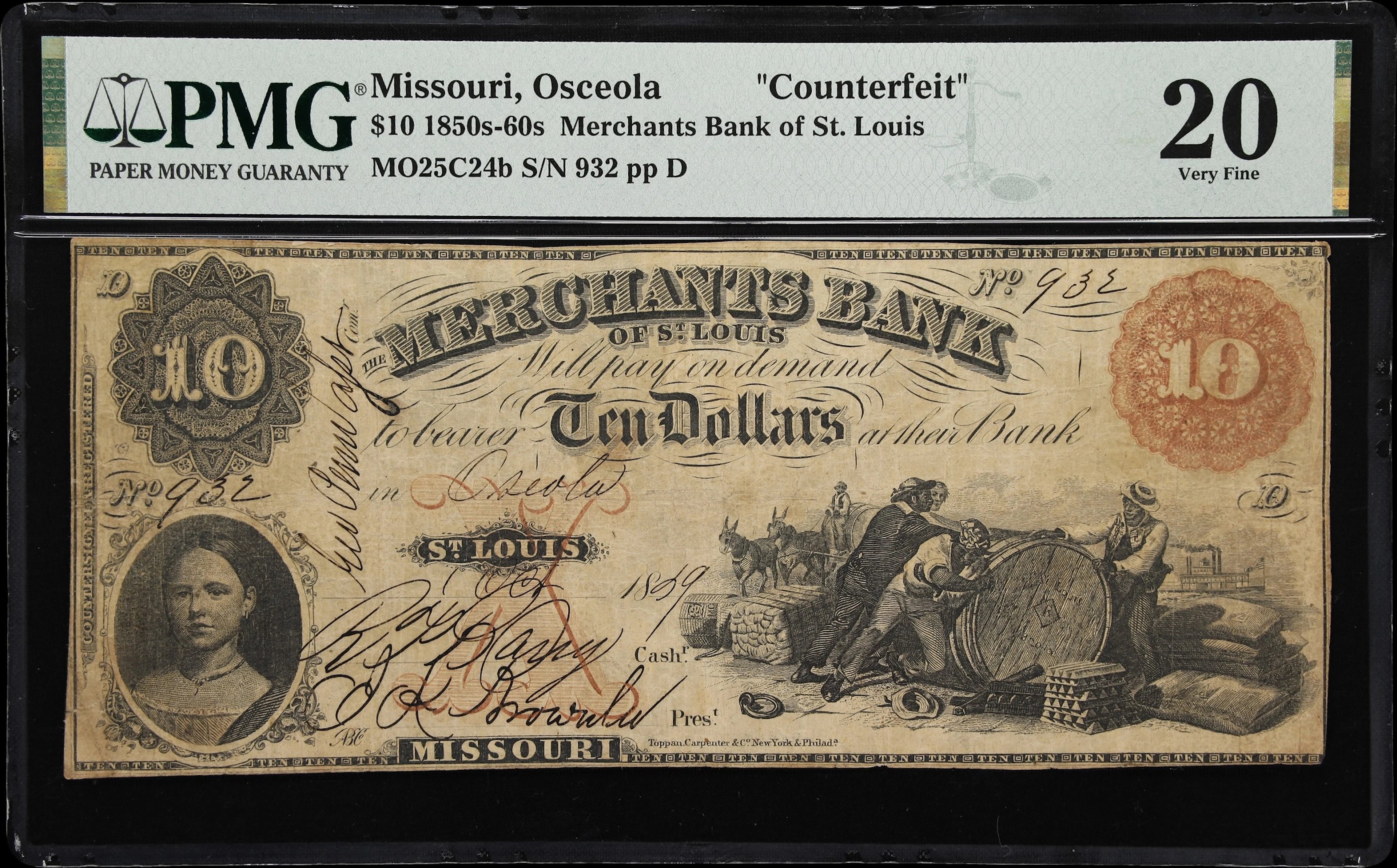 Osceola, Missouri. Merchants Bank of St. Louis. 1859 $10. PMG Very