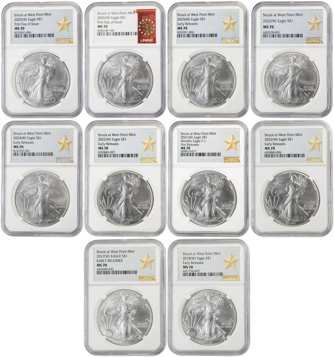 (10 oz, 311.04 g ASW). Lot of (10) Mixed Date American Silver Eagles.