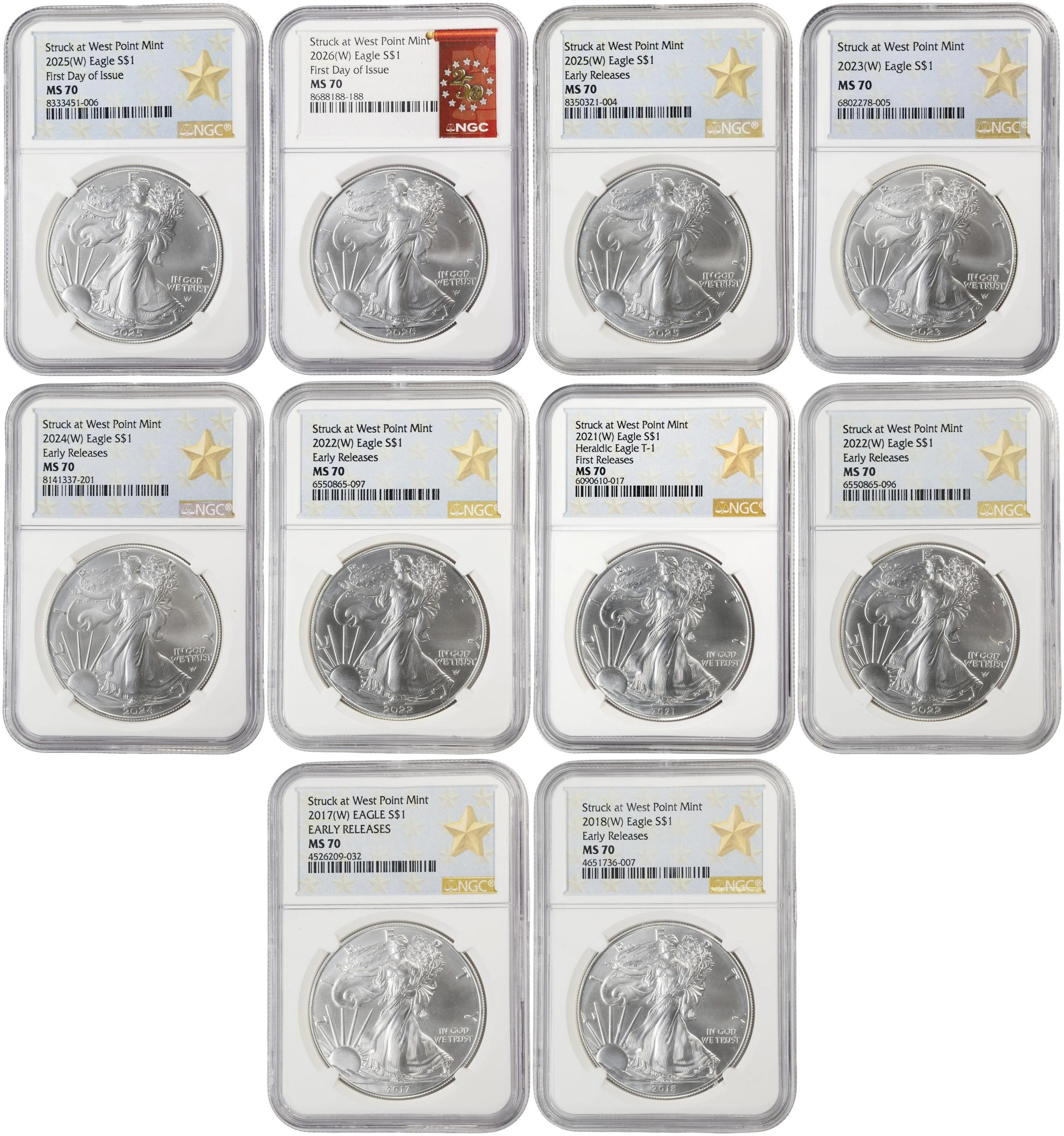 (10 oz, 311.04 g ASW). Lot of (10) Mixed Date American Silver Eagles.