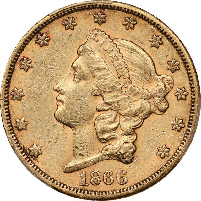 1866-S Liberty Head Double Eagle. No Motto. AU-58 (PCGS). CAC.
