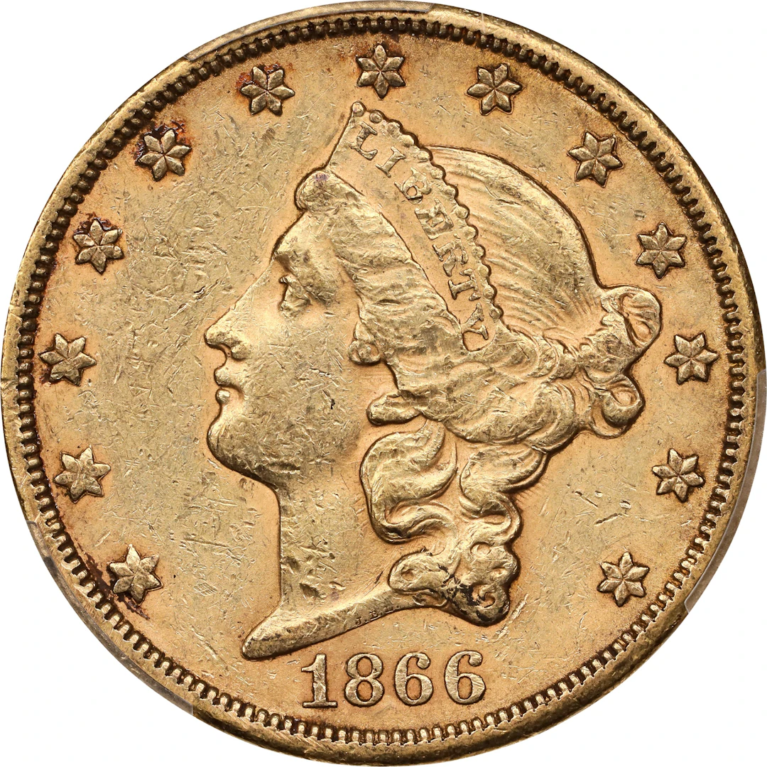 1866-S Liberty Head Double Eagle. No Motto. AU-58 (PCGS). CAC.