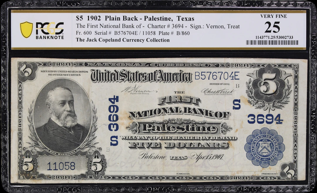 Palestine, Texas. $5 1902 Plain Back. Fr. 600. First NB. Charter #3694.