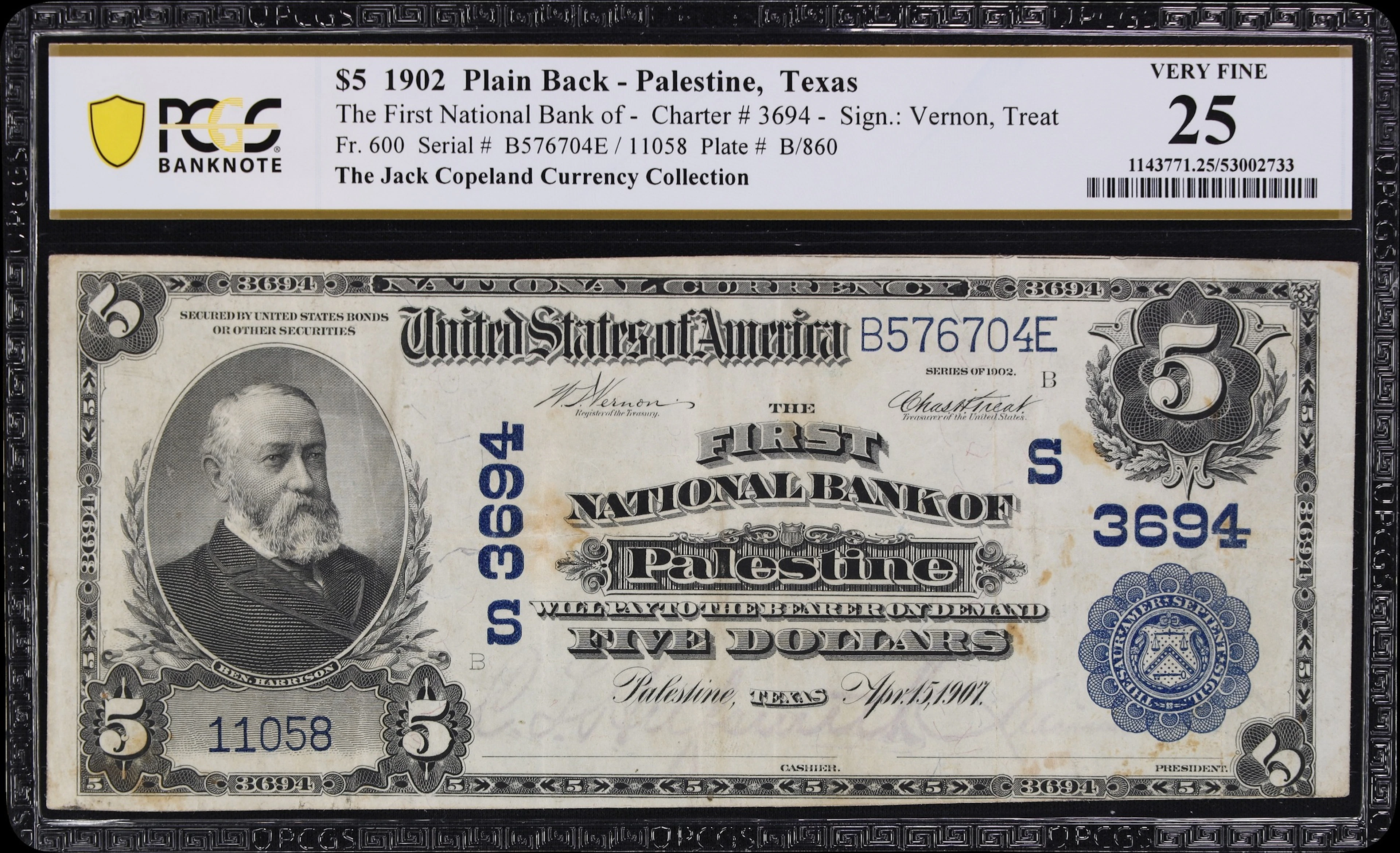 Palestine, Texas. $5 1902 Plain Back. Fr. 600. First NB. Charter #3694.