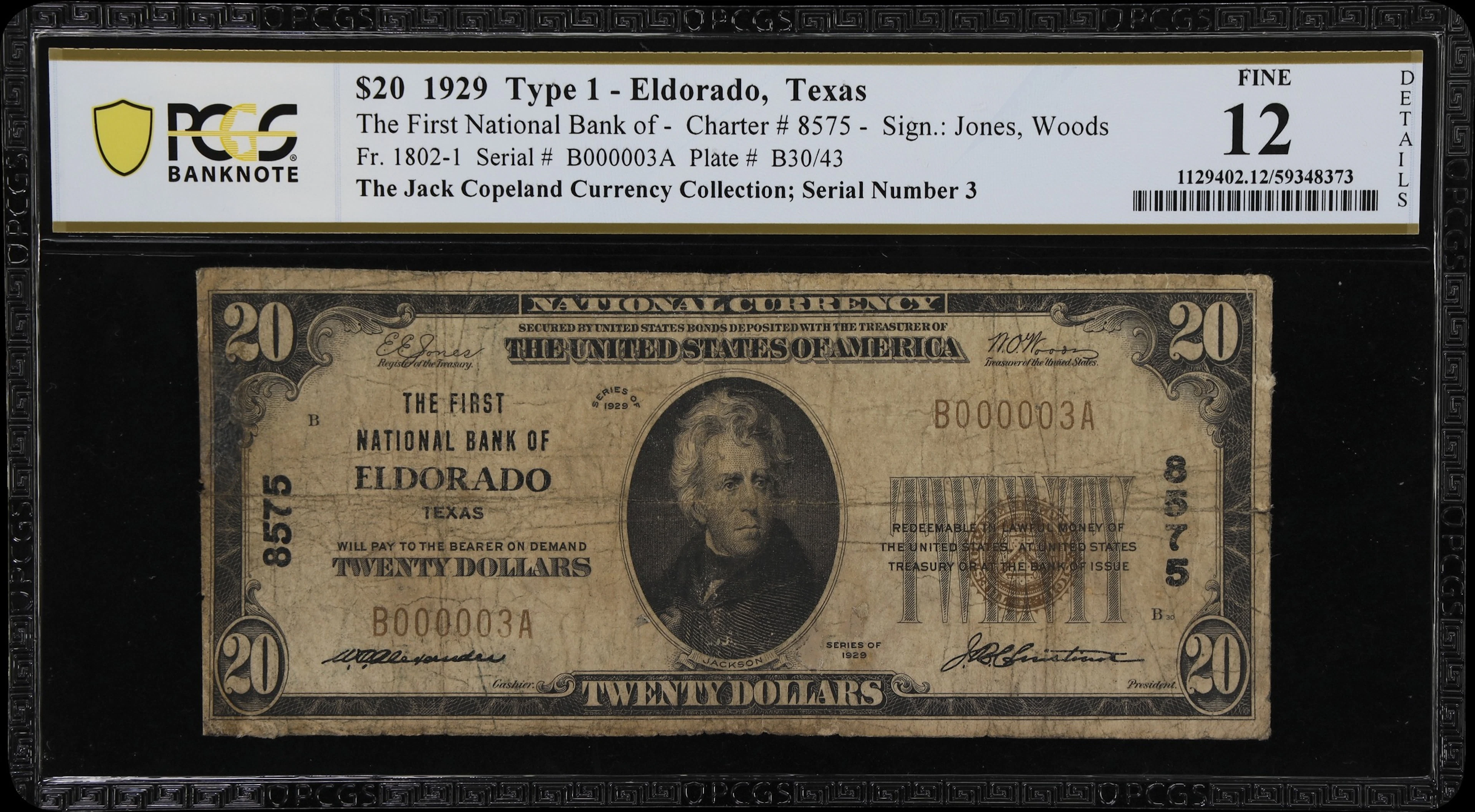 Eldorado, Texas. $20 1929 Ty. 1. Fr. 1802-1. First NB. Charter #8575.