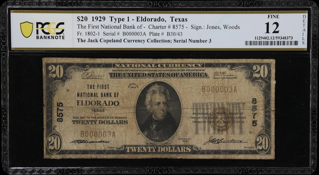 Eldorado, Texas. $20 1929 Ty. 1. Fr. 1802-1. First NB. Charter #8575.