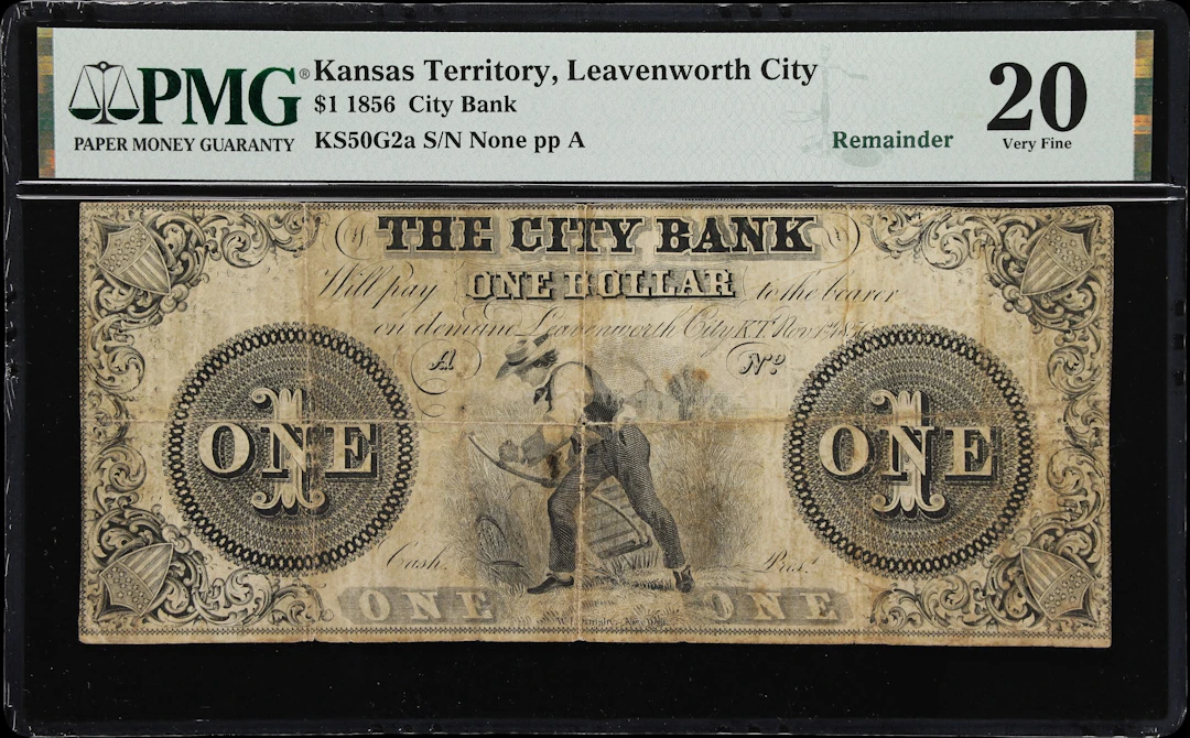 Leavenworth City, Territory of Kansas. City Bank. 1856 $1. PMG Very