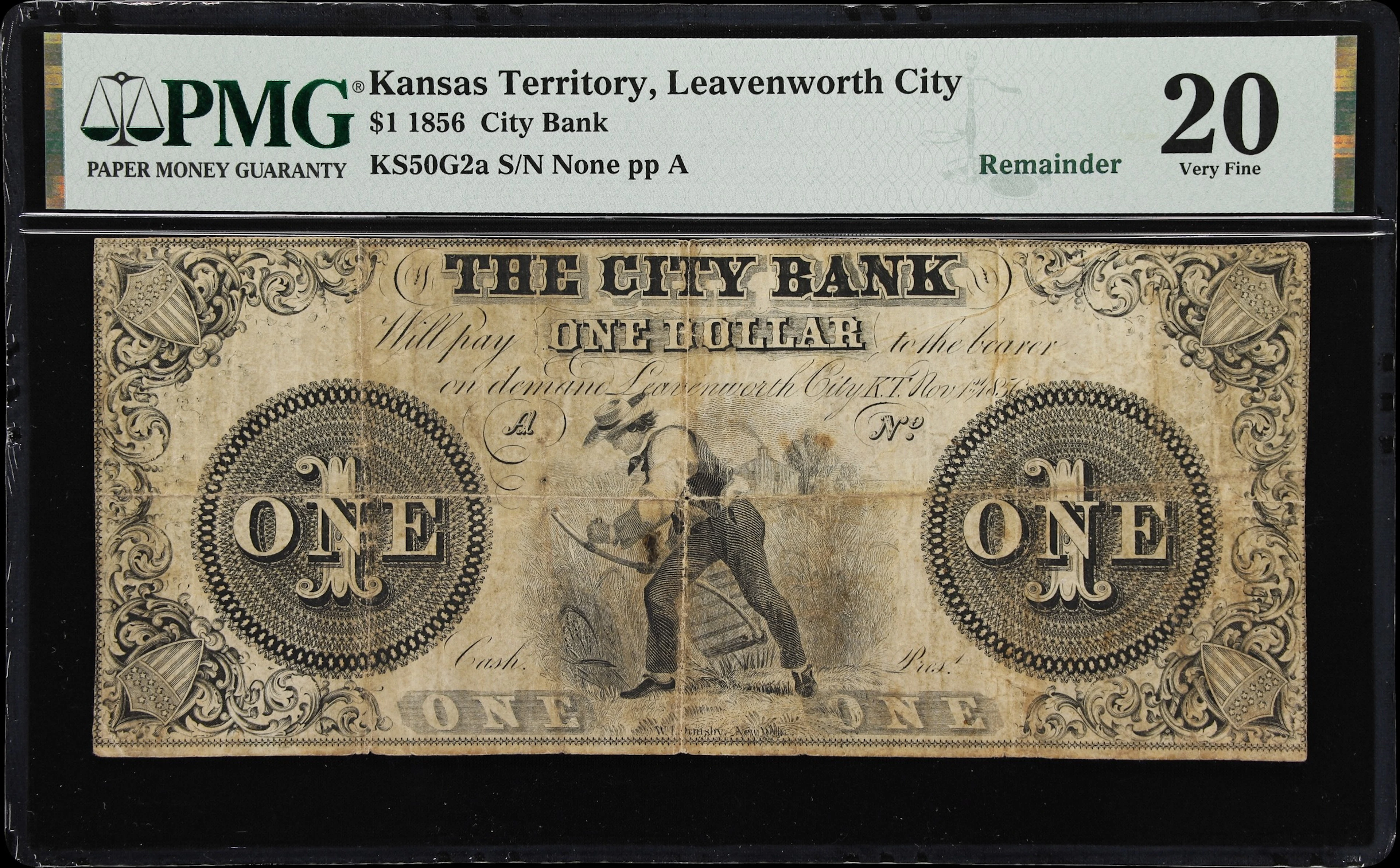 Leavenworth City, Territory of Kansas. City Bank. 1856 $1. PMG Very