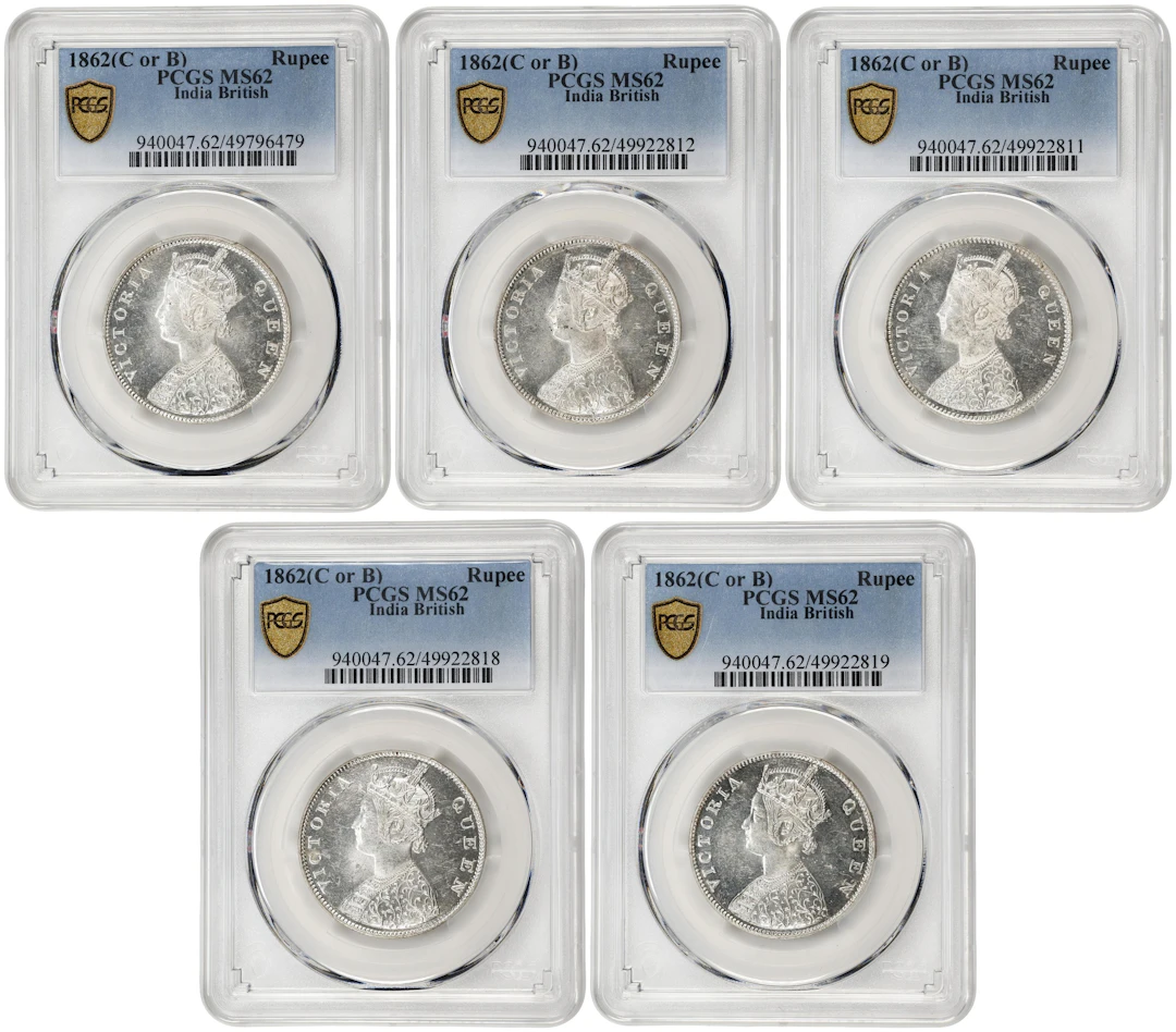 INDIA. Quintet of Rupees (5 Pieces), 1862-(B). Bombay Mint. Victoria.