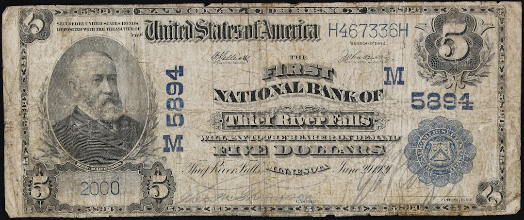 Thief River Falls, Minnesota. $5 1902 Plain Back. Fr. 607. The First