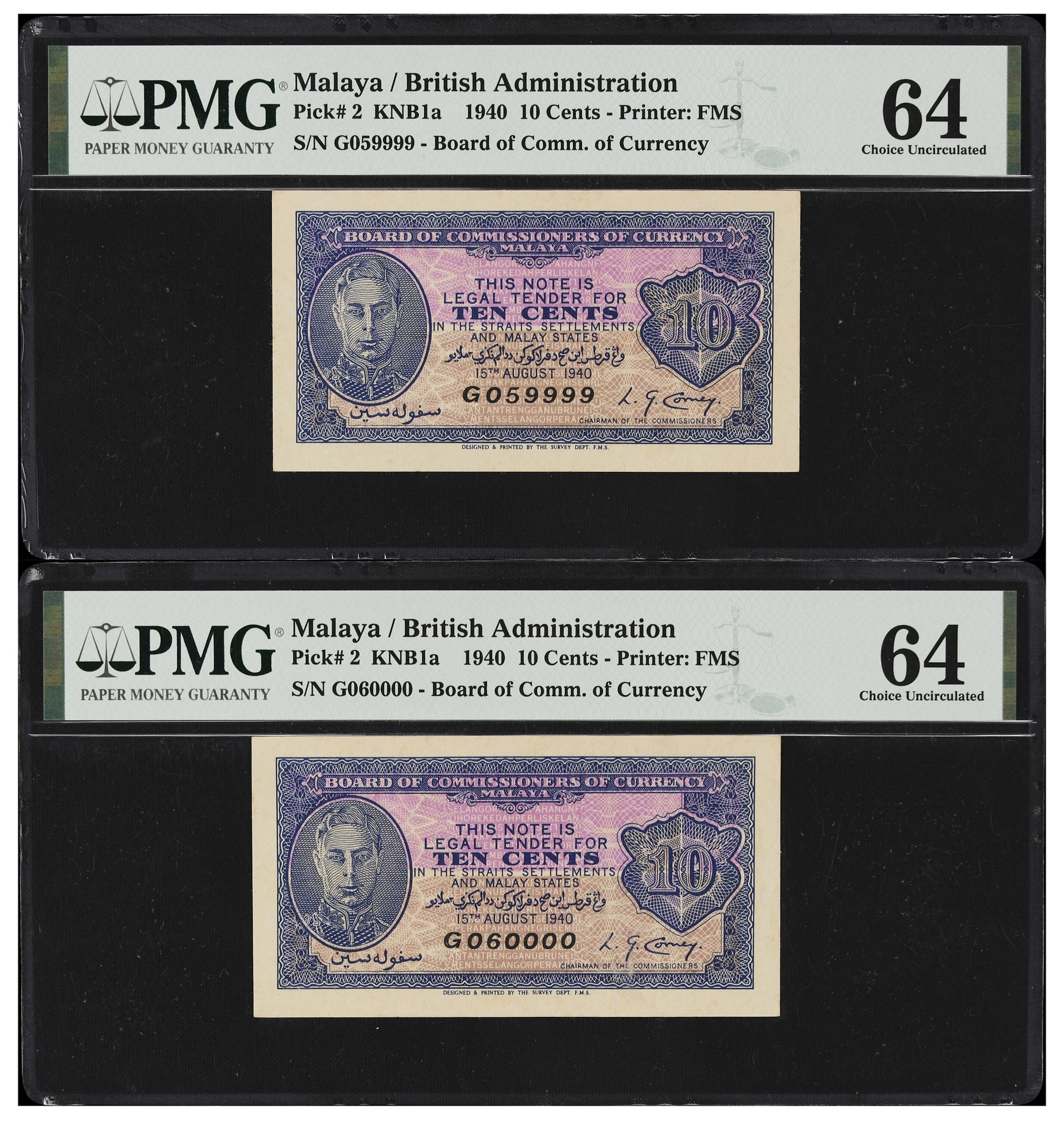 MALAYA. Lot of (2). Board of Commissioners of Currency. 10 Cents