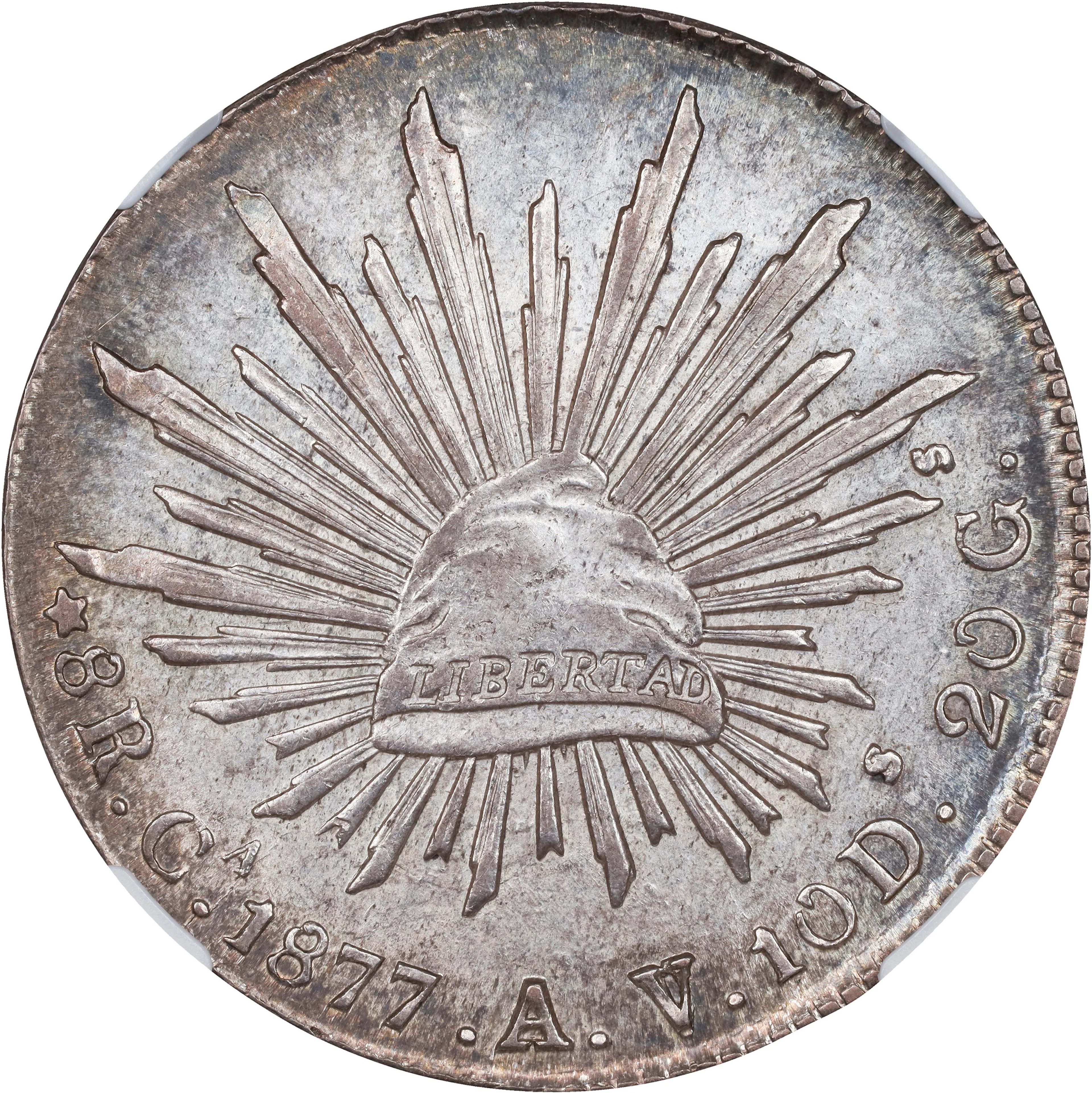 MEXICO. 8 Reales, 1877-Ca AV. Chihuahua Mint. NGC MS-61.