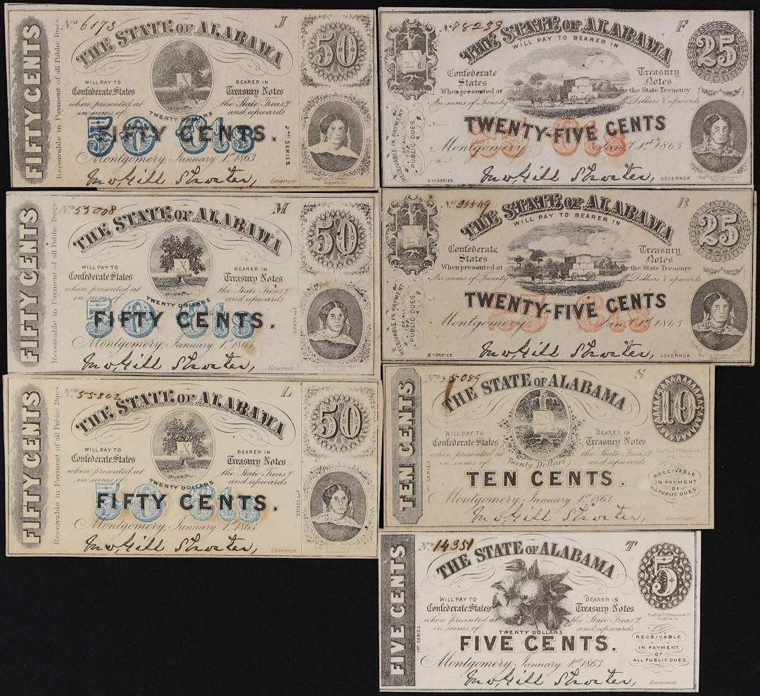 Lot of (7) Montgomery, Alabama. State of Alabama. 1863 5, 10, 25 &