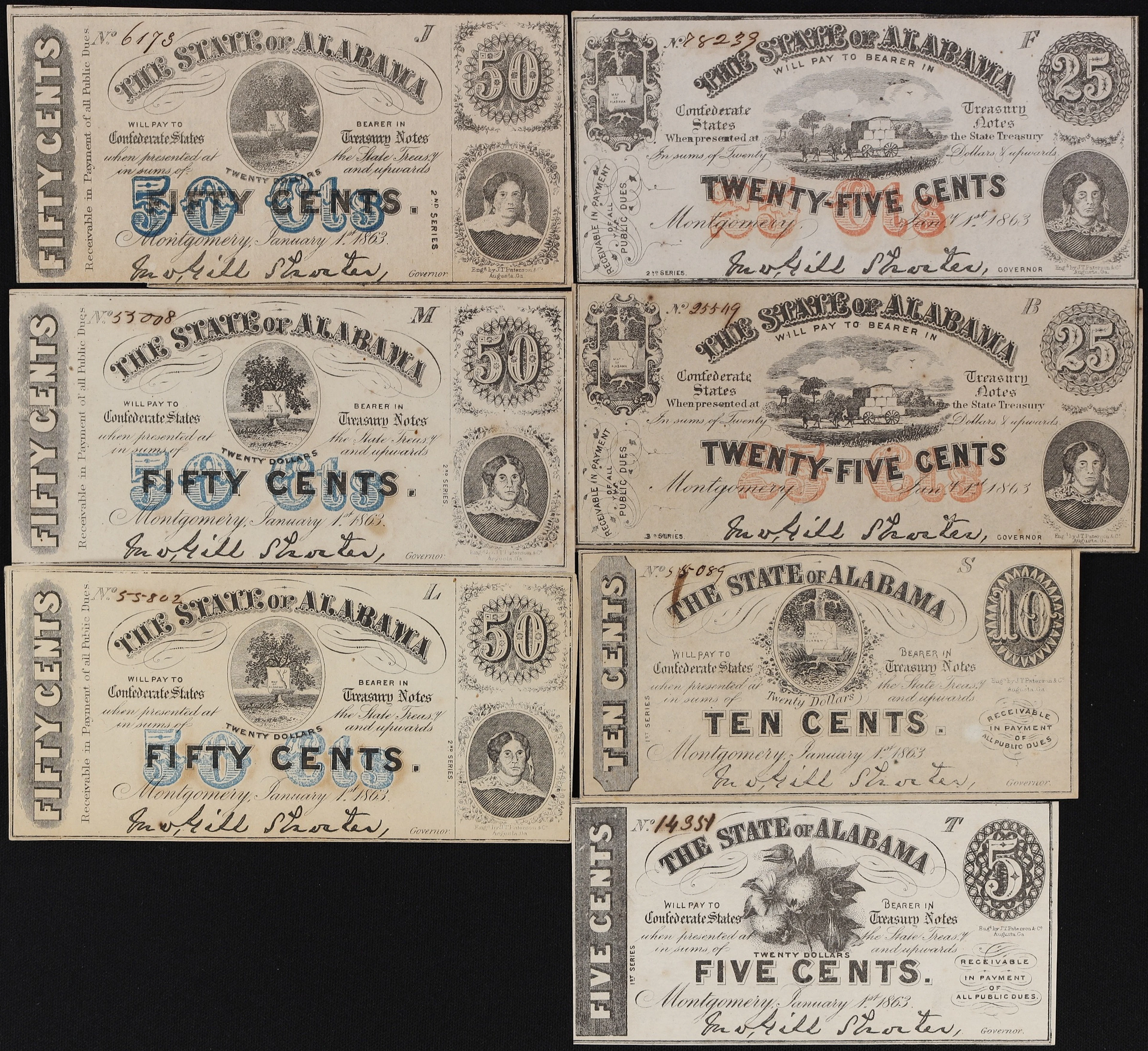 Lot of (7) Montgomery, Alabama. State of Alabama. 1863 5, 10, 25 &