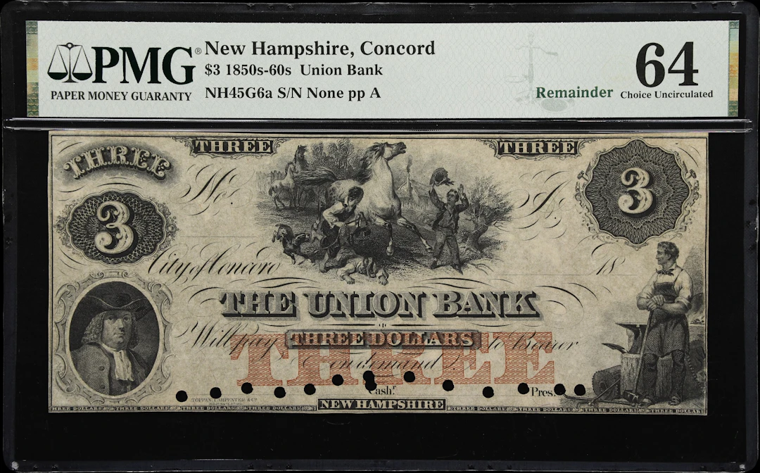 Concord, New Hampshire. Union Bank. 18xx $3. PMG Choice Uncirculated