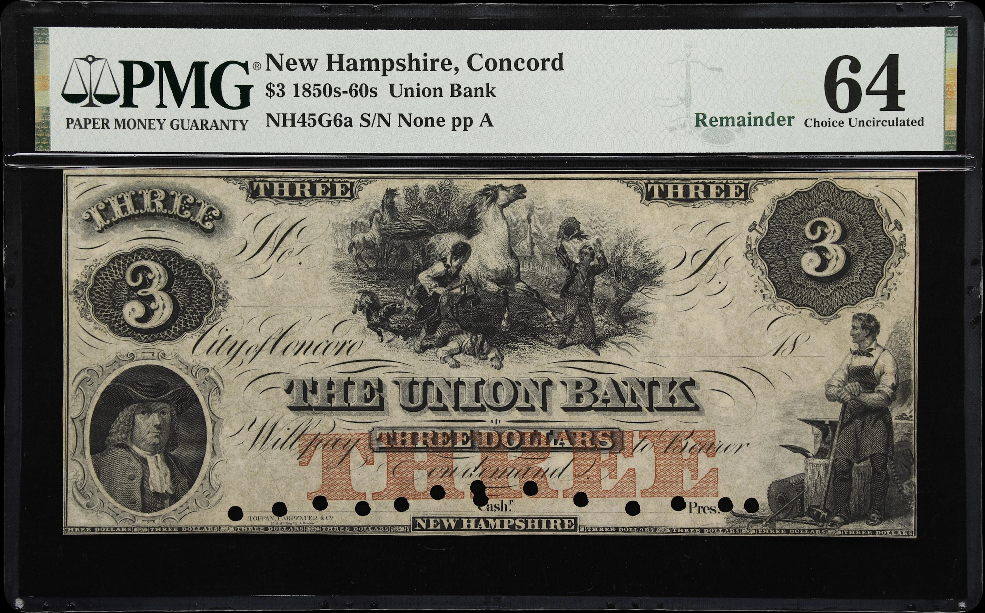 Concord, New Hampshire. Union Bank. 18xx $3. PMG Choice Uncirculated