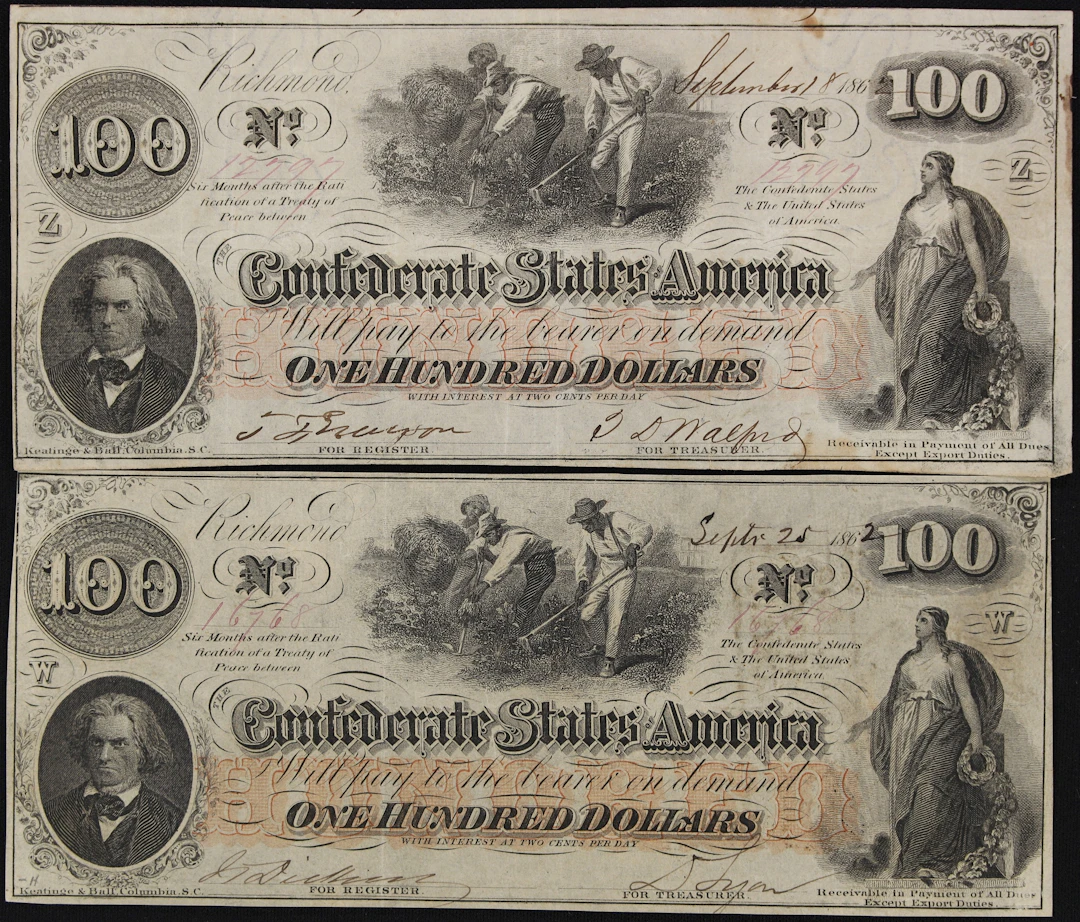 Lot of (2) T-41. Confederate Currency. 1862 $100. Very Fine.
