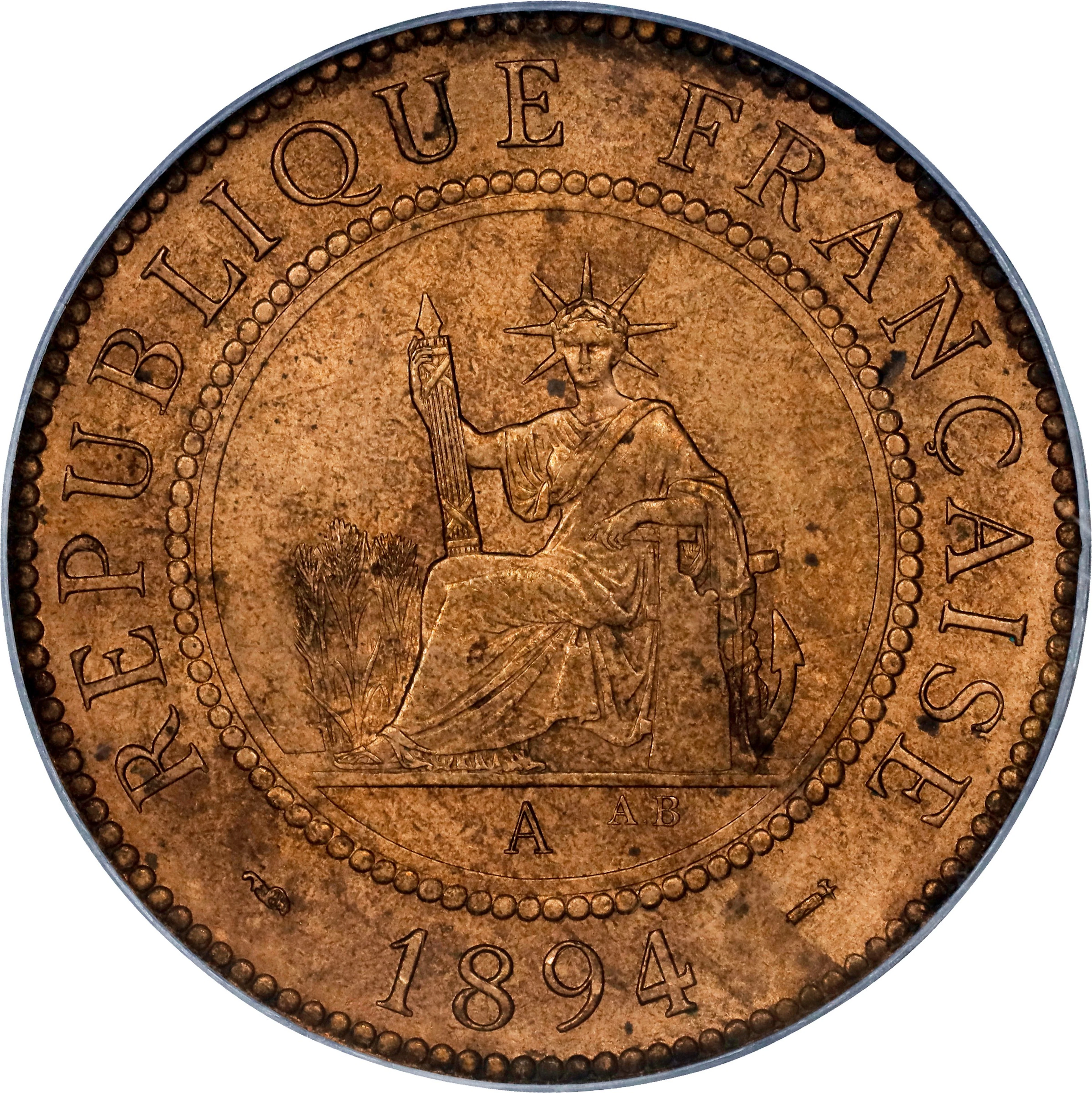 FRENCH INDO-CHINA. Centime, 1894-A. Paris Mint. PCGS MS-64 Red Brown.