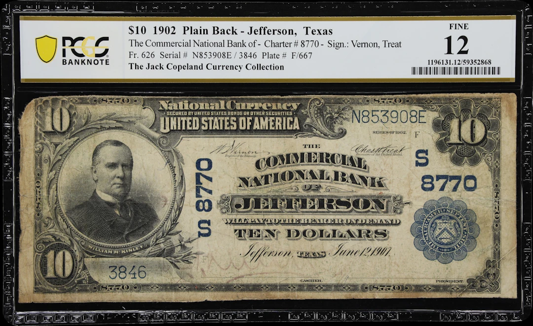 Jefferson, Texas. $10 1902 Plain Back. Fr. 626. Commercial NB. Charter