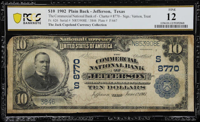 Jefferson, Texas. $10 1902 Plain Back. Fr. 626. Commercial NB. Charter