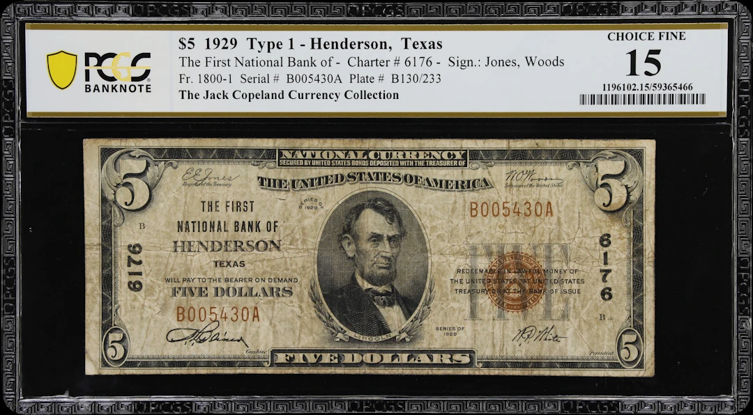 Henderson, Texas. $5 1929 Ty. 1. Fr. 1800-1. First NB. Charter #6176.