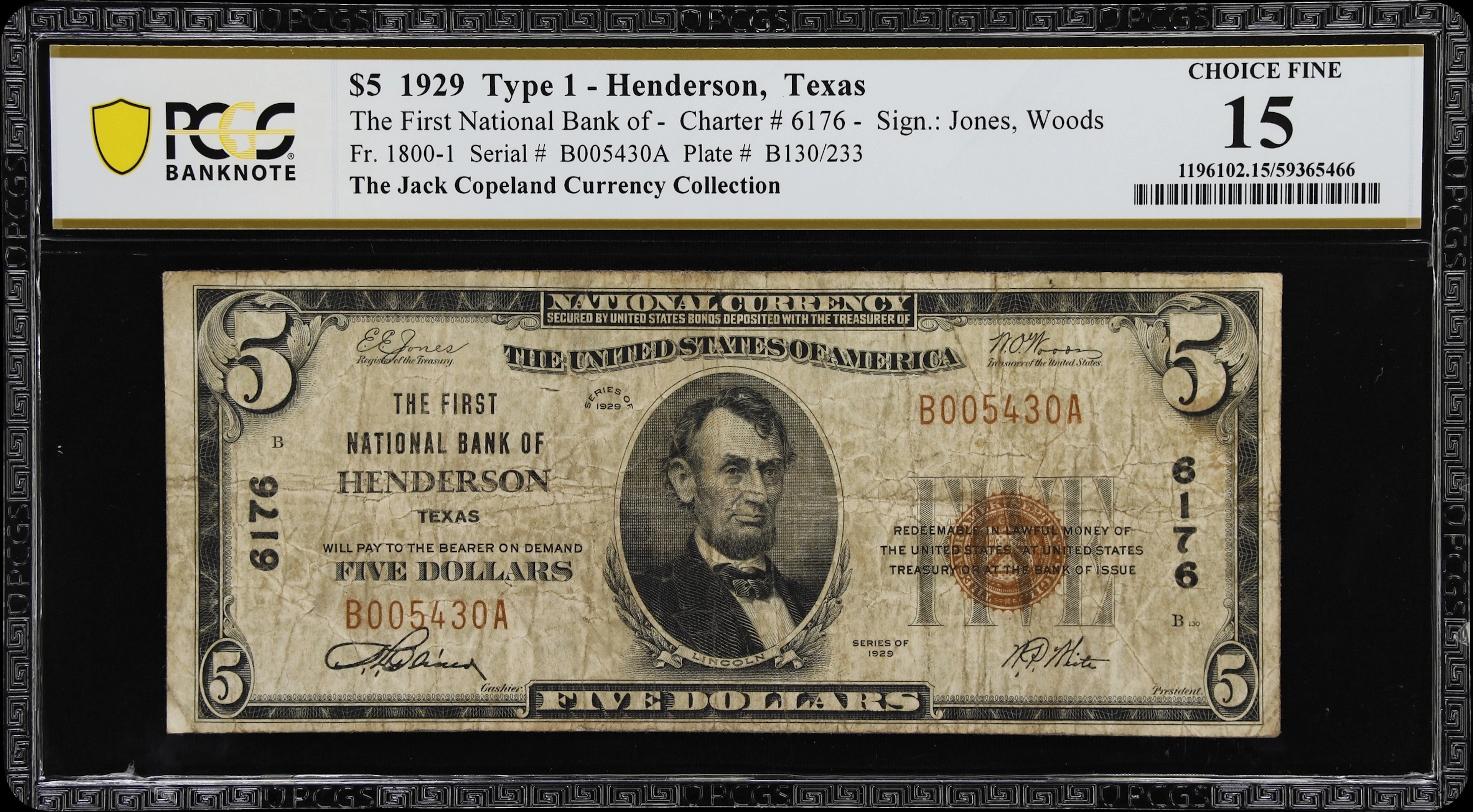Henderson, Texas. $5 1929 Ty. 1. Fr. 1800-1. First NB. Charter #6176.