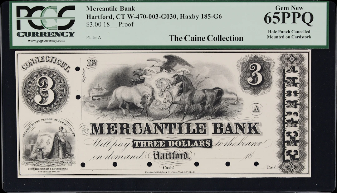 Hartford, Connecticut. Mercantile Bank. 18xx $3. PCGS Currency Gem