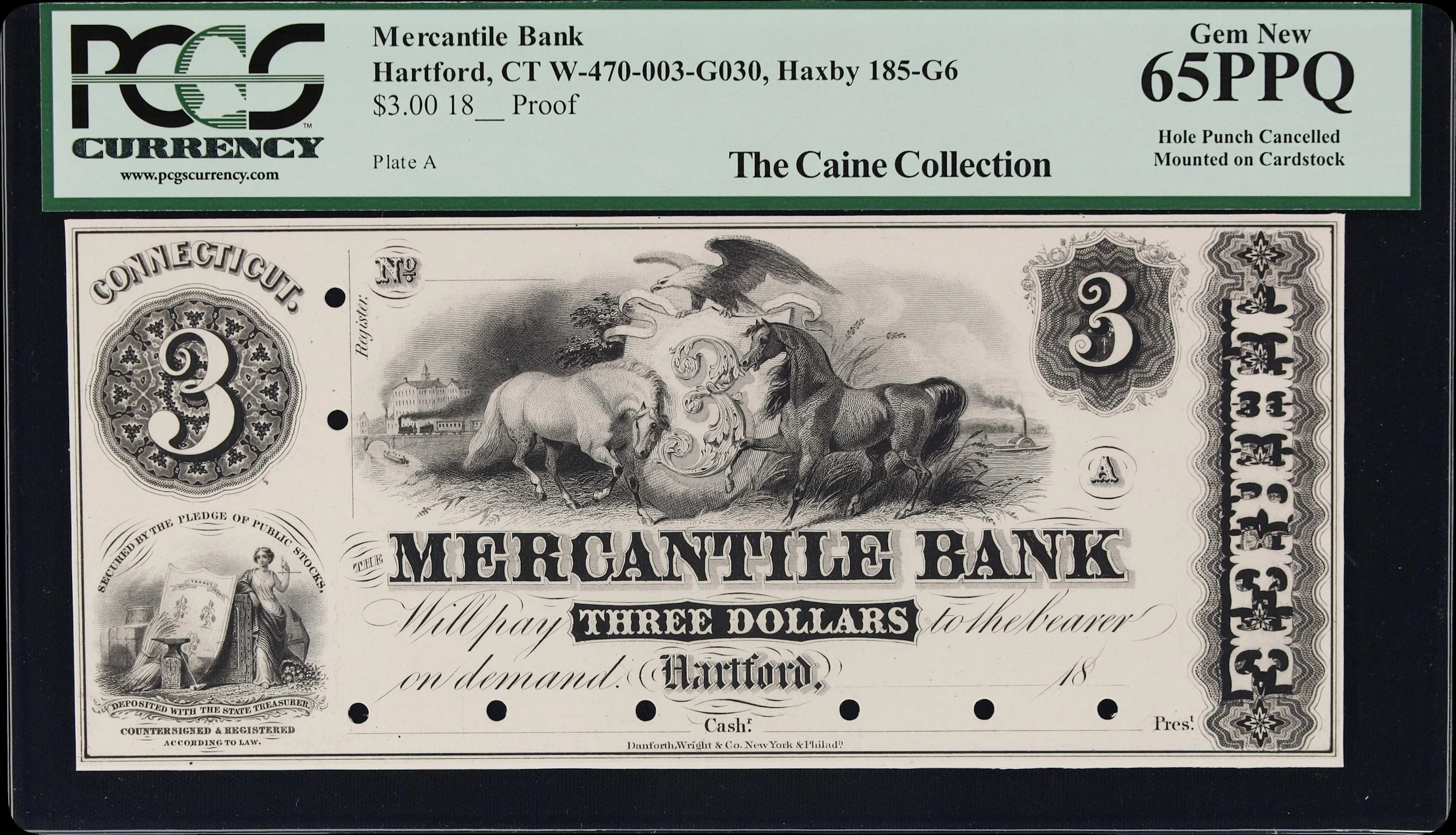 Hartford, Connecticut. Mercantile Bank. 18xx $3. PCGS Currency Gem