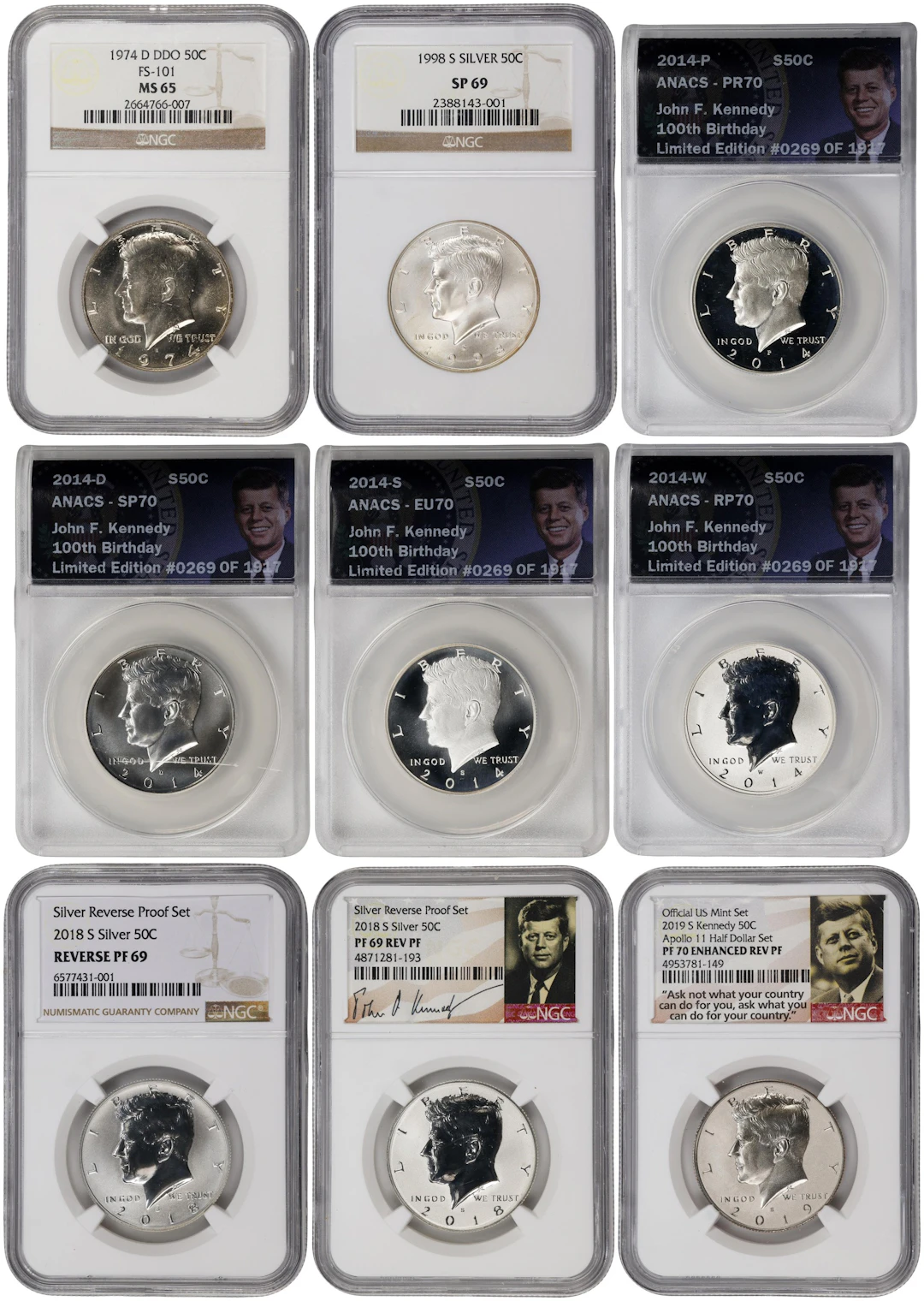 Lot of (9) Certified Kennedy Half Dollars.
