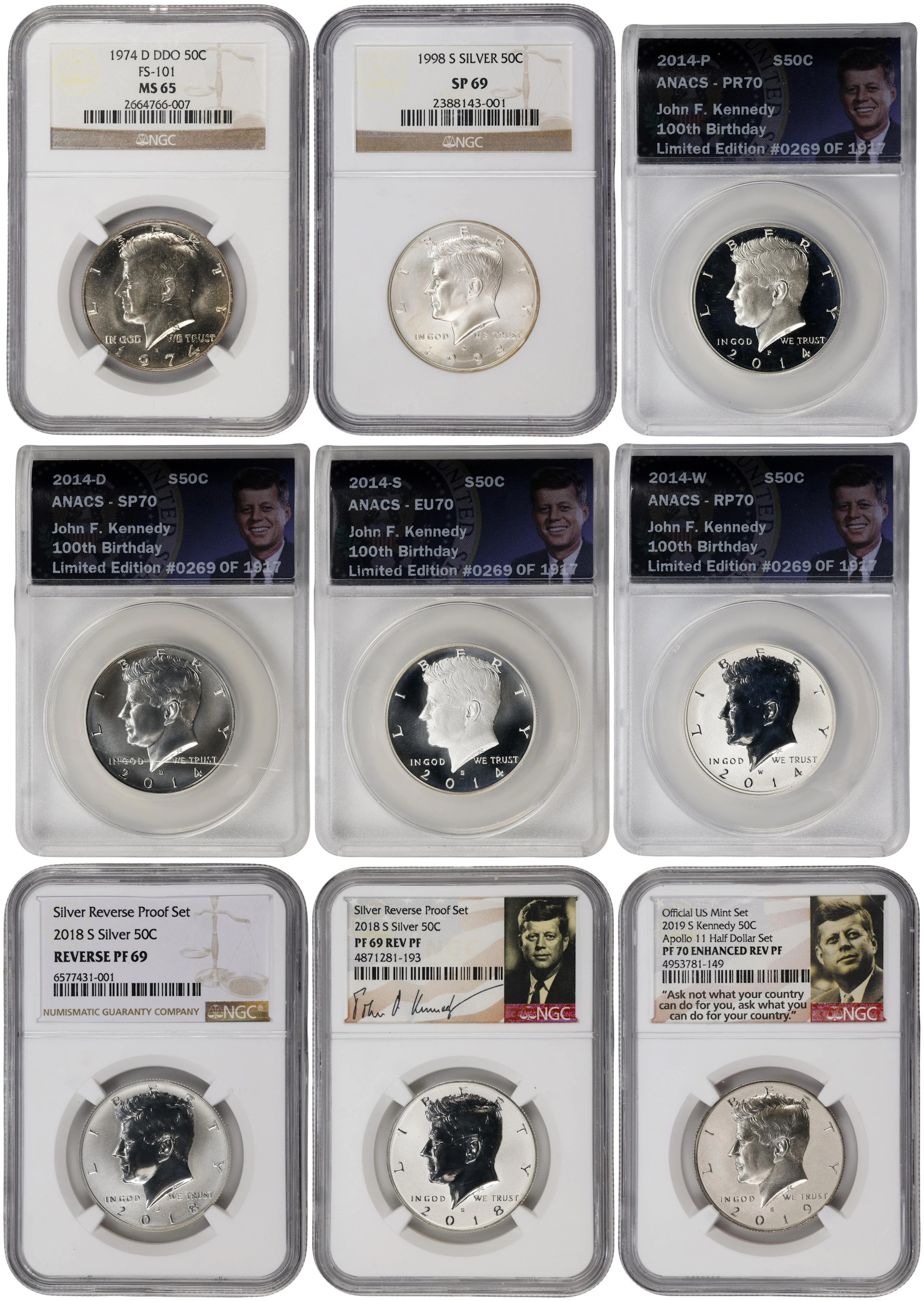 Lot of (9) Certified Kennedy Half Dollars.