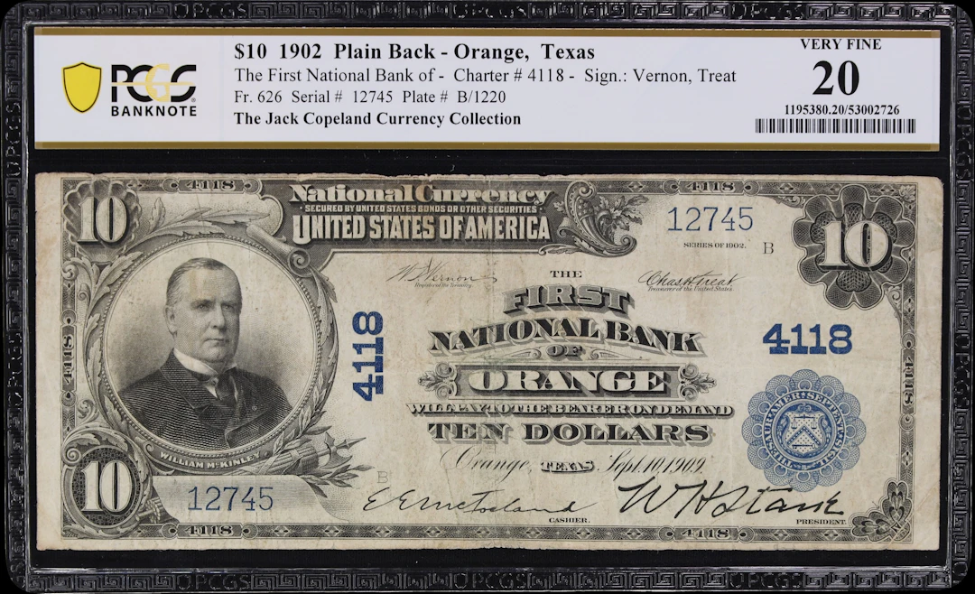 Orange, Texas. $10 1902 Plain Back. Fr. 626. First NB. Charter #4118.