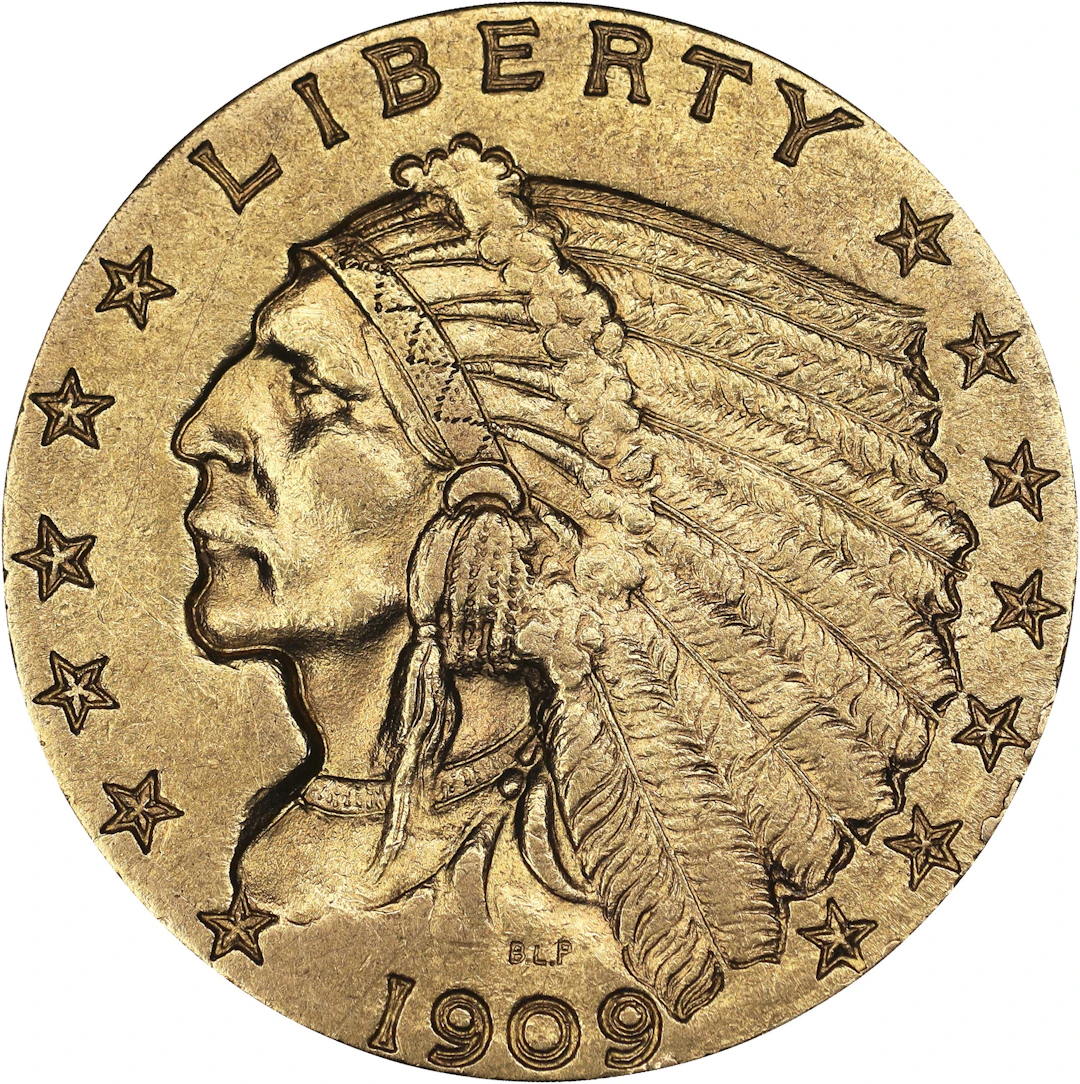 (0.121 oz, 3.764 g AGW). 1909 Indian Head Quarter Eagle Gold $2.50.