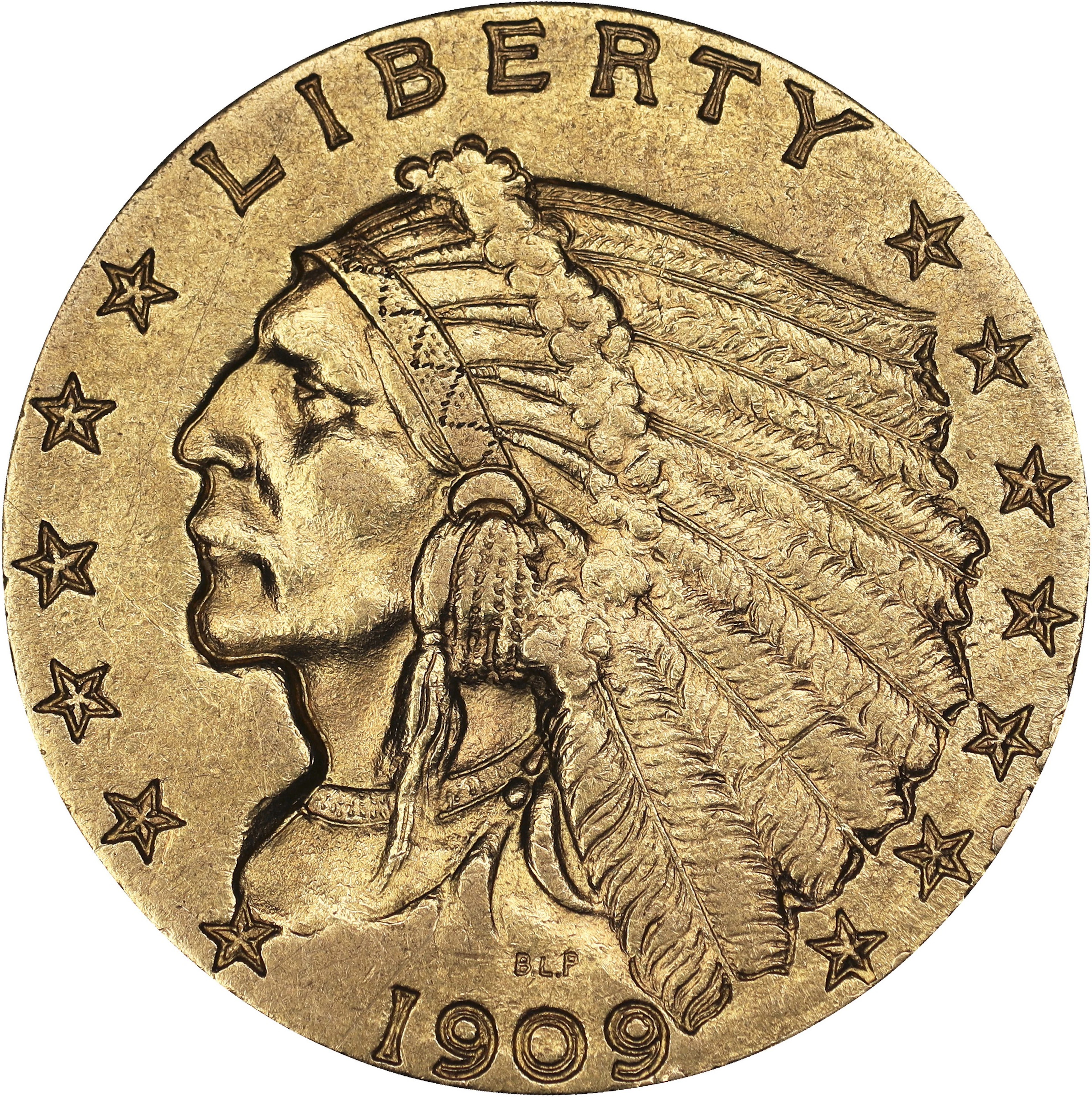 (0.121 oz, 3.764 g AGW). 1909 Indian Head Quarter Eagle Gold $2.50.