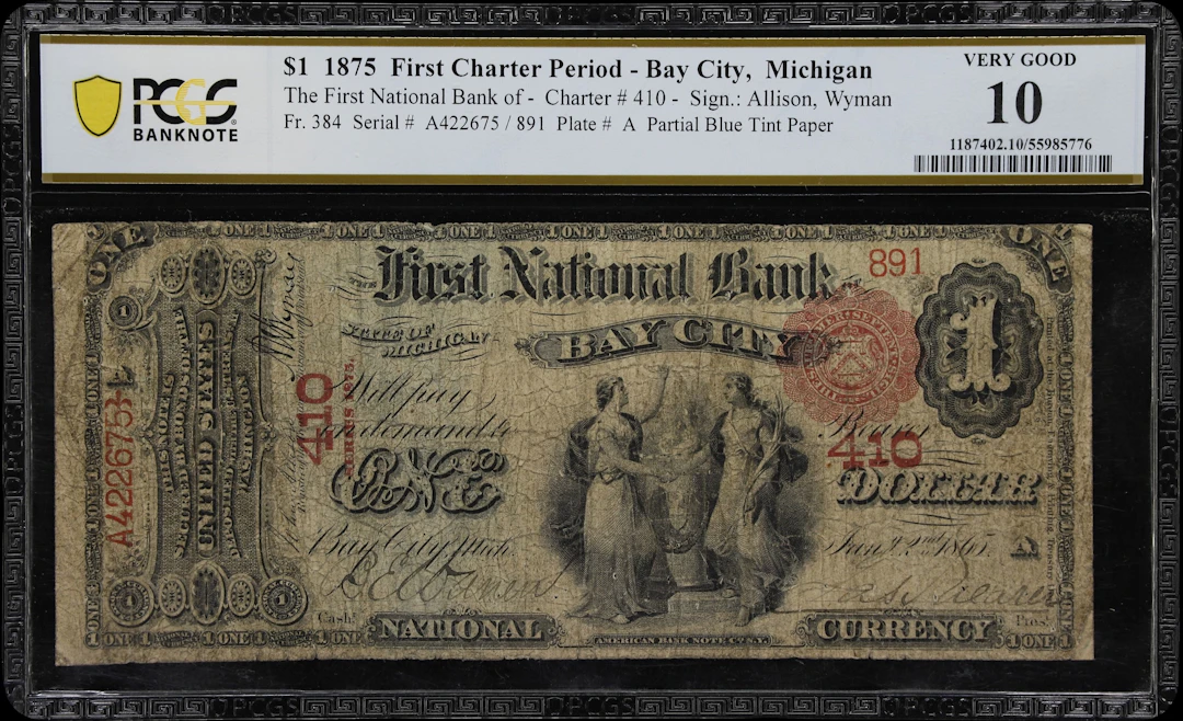 Bay City, Michigan. $1 1875. Fr. 384. First NB. Charter #410. PCGS