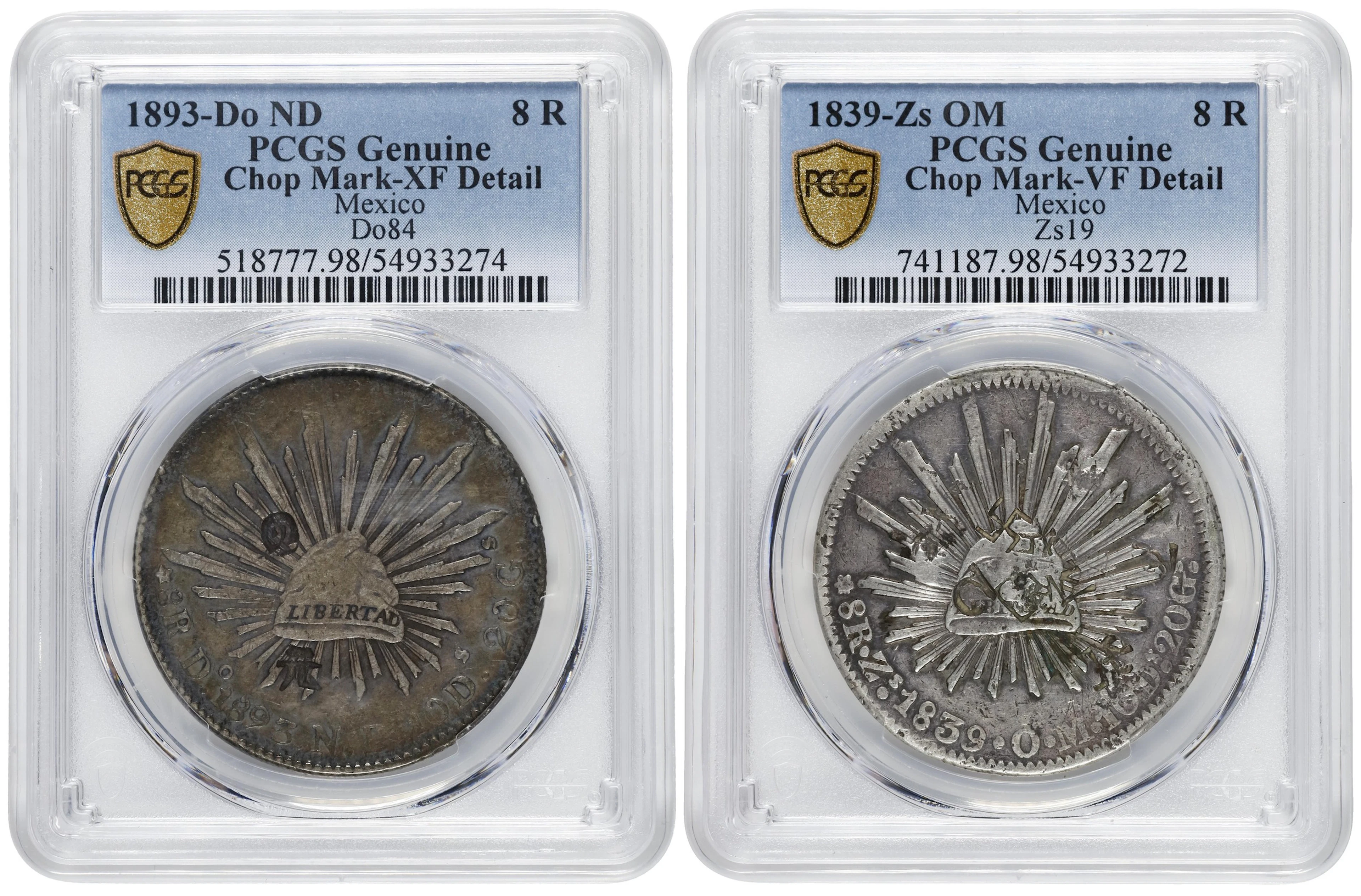 MEXICO. Duo of 8 Reales (2 Pieces), 1839 & 1893. PCGS Genuine--Chopmark