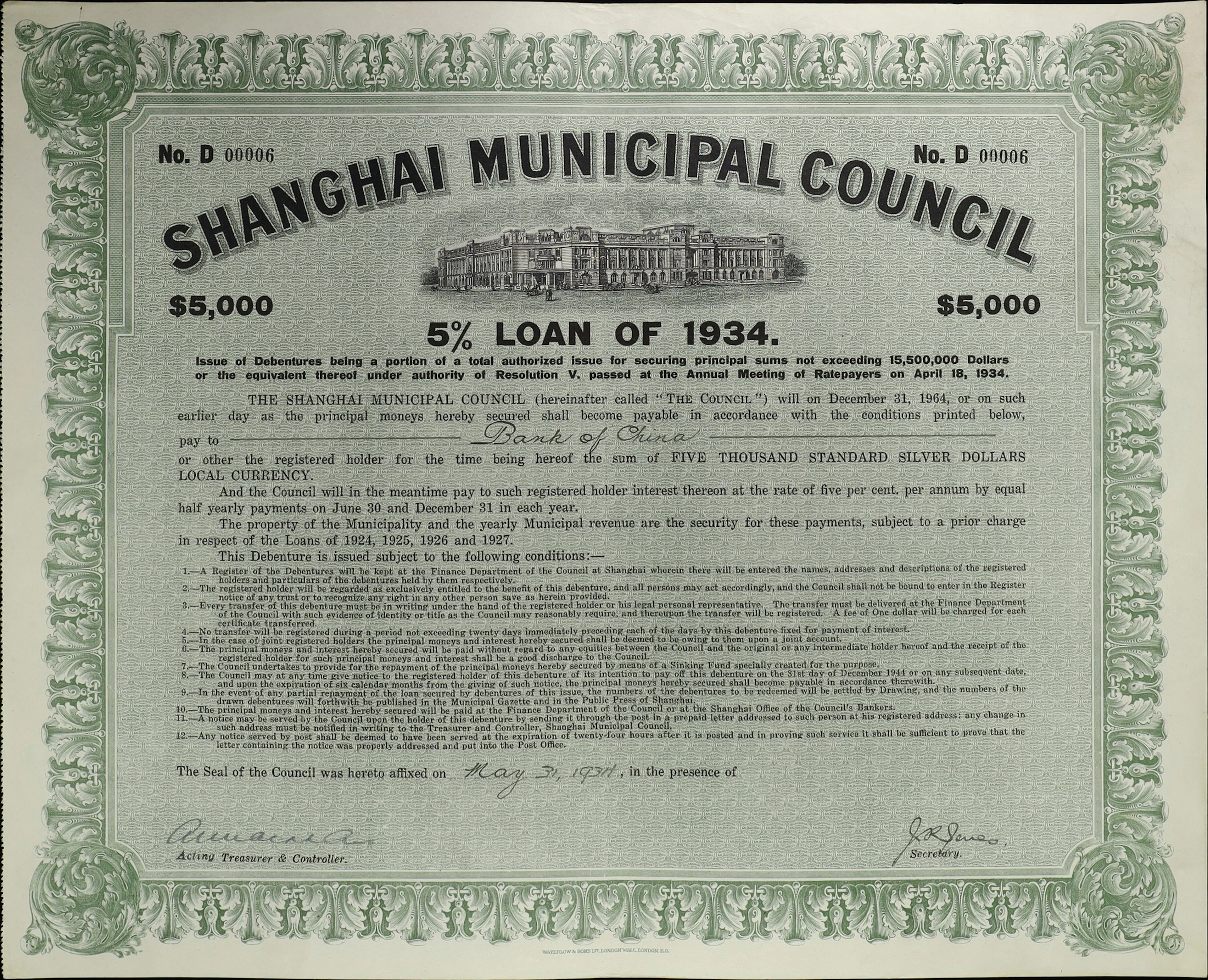 CHINA--REPUBLIC. 1934 5% Shanghai Municipal Council Loan, Bond for