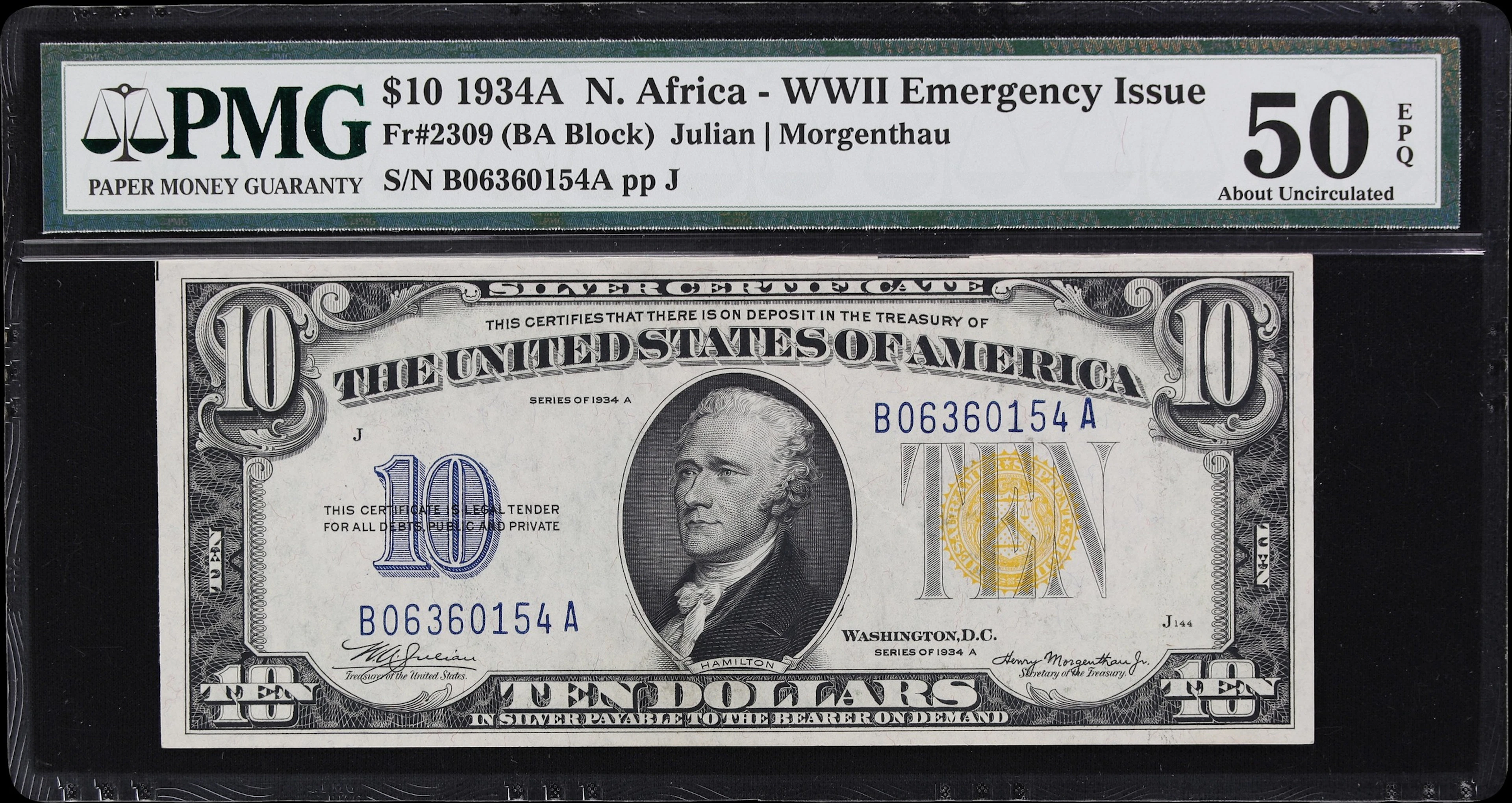 Fr. 2309. 1934A $10 North Africa Emergency Note. PMG About Uncirculated 50 EPQ.
