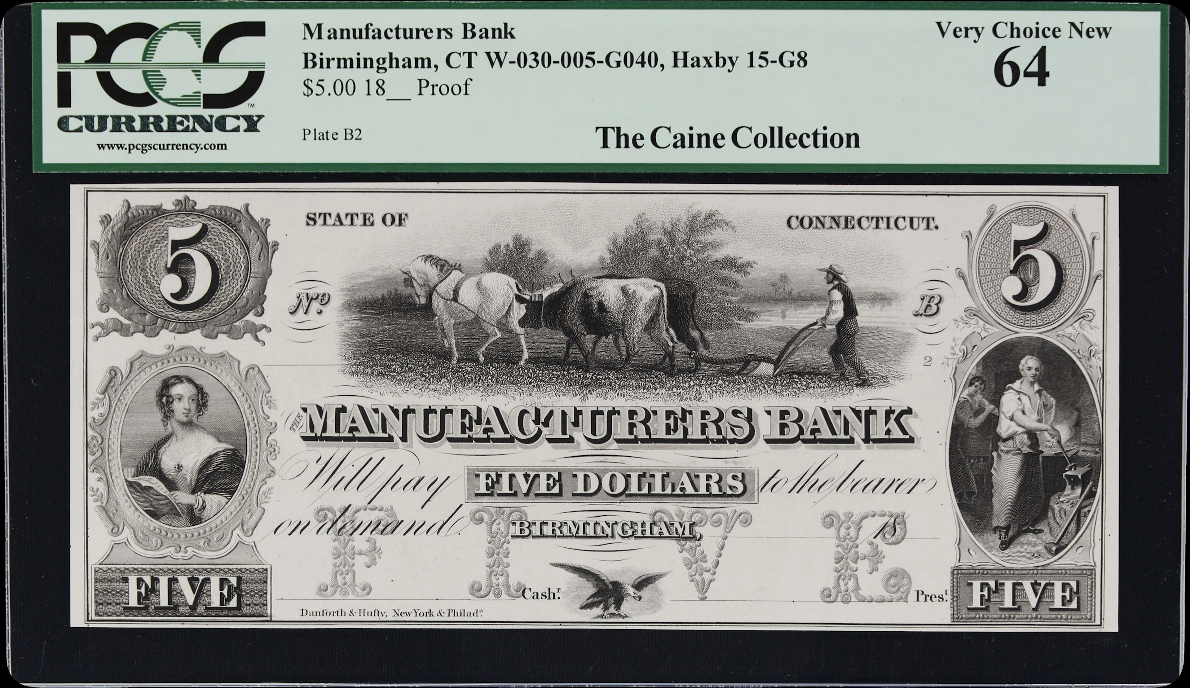 Birmingham, Connecticut. Manufacturers Bank. 18xx $5. PCGS Currency