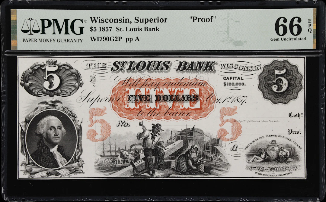 Superior, Wisconsin. St. Louis Bank. 1857 $5. PMG Gem Uncirculated